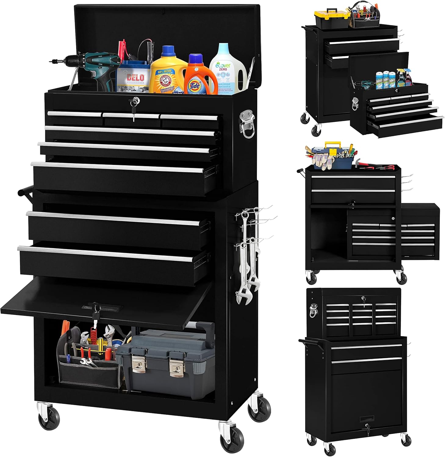 INTERGREAT Rolling Tool Chest with Wheels and 8 Drawers. Detachable Large Tool Cabinet with Lock for Garage. Locking Mechanic Tool Cart with Black Liner for Warehouse. Workshop. High Capacity