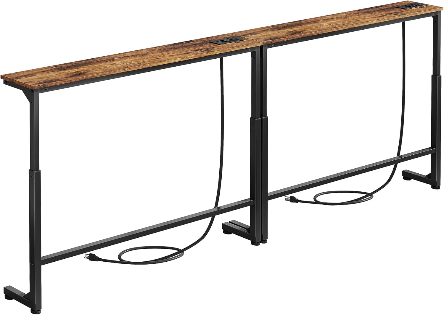 Kitstorack 2-Pack Narrow Console Table with Adjustable Height (25"-33") & 2 Power Outlets. Skinny Behind Couch Table. 79" Long x 5.9" Wide Sofa Side Table for Living Room. Rustic Brown