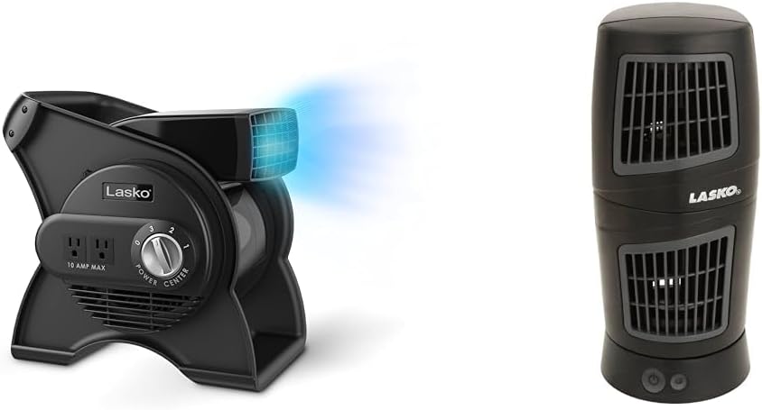Lasko Portable Utility Fan. 12” 289 CFM Pivoting High Velocity Air Mover Blower Fan. 3 Speeds. 2 Accessory Outlets 120V. Black. U12104