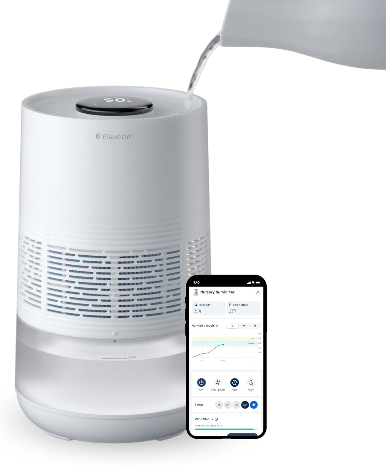 BLUEAIR Premium Smart Humidifier for Large Rooms. Bedrooms. Better Sleep with Evaporative Invisible Mist Tech. Auto Humidify. Easy Top Fill. Smart Control with App. Touchscreen. 3.5L Tank for 48 hours