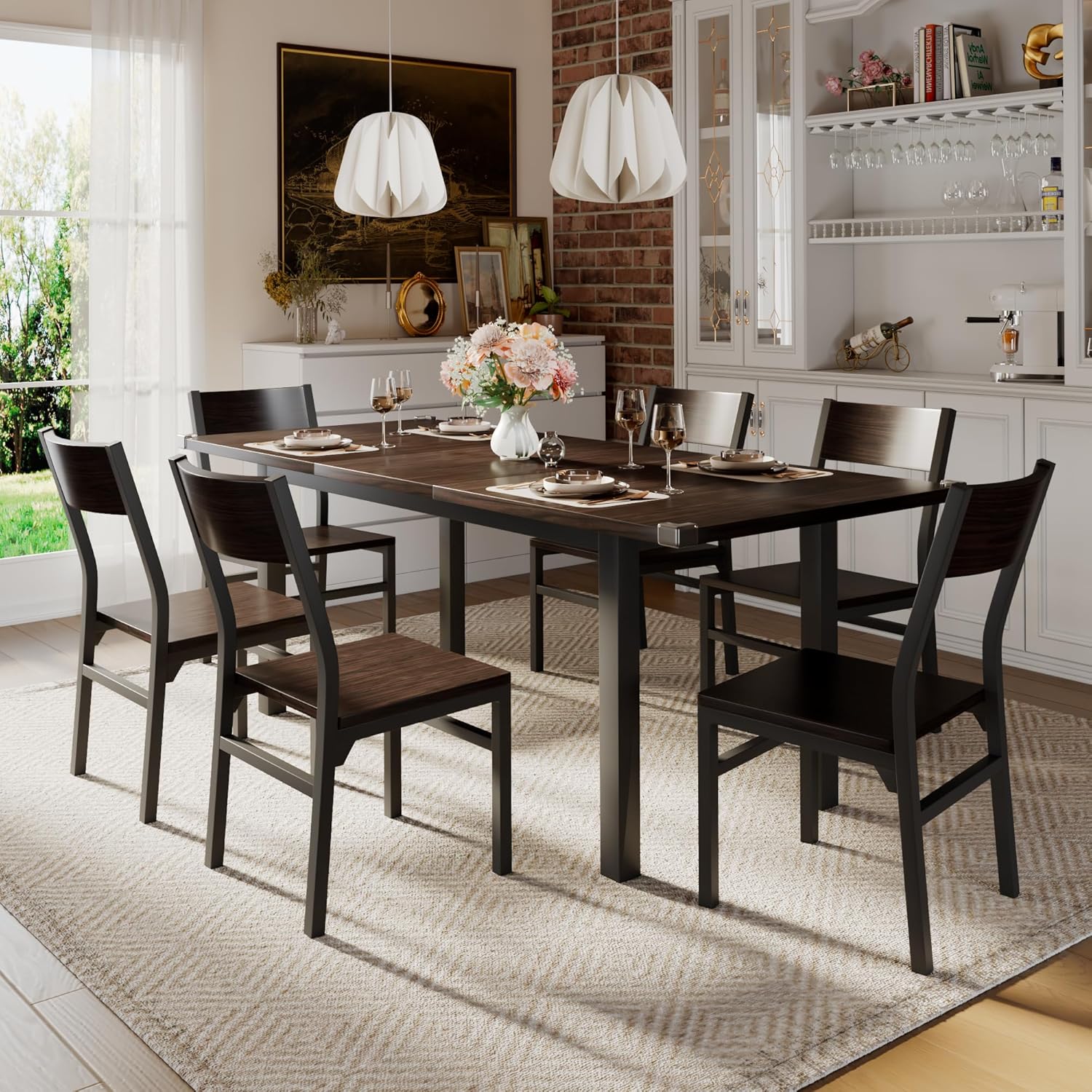 iPormis 7-Piece Dining Table Set with 6 Chairs. 63" Extendable Kitchen Table & Chairs Set for 4-6. Dining RoomTable with Solid Metal Frame & MDF Board. Perfect for Small Space. Easy Assembly. Walnut