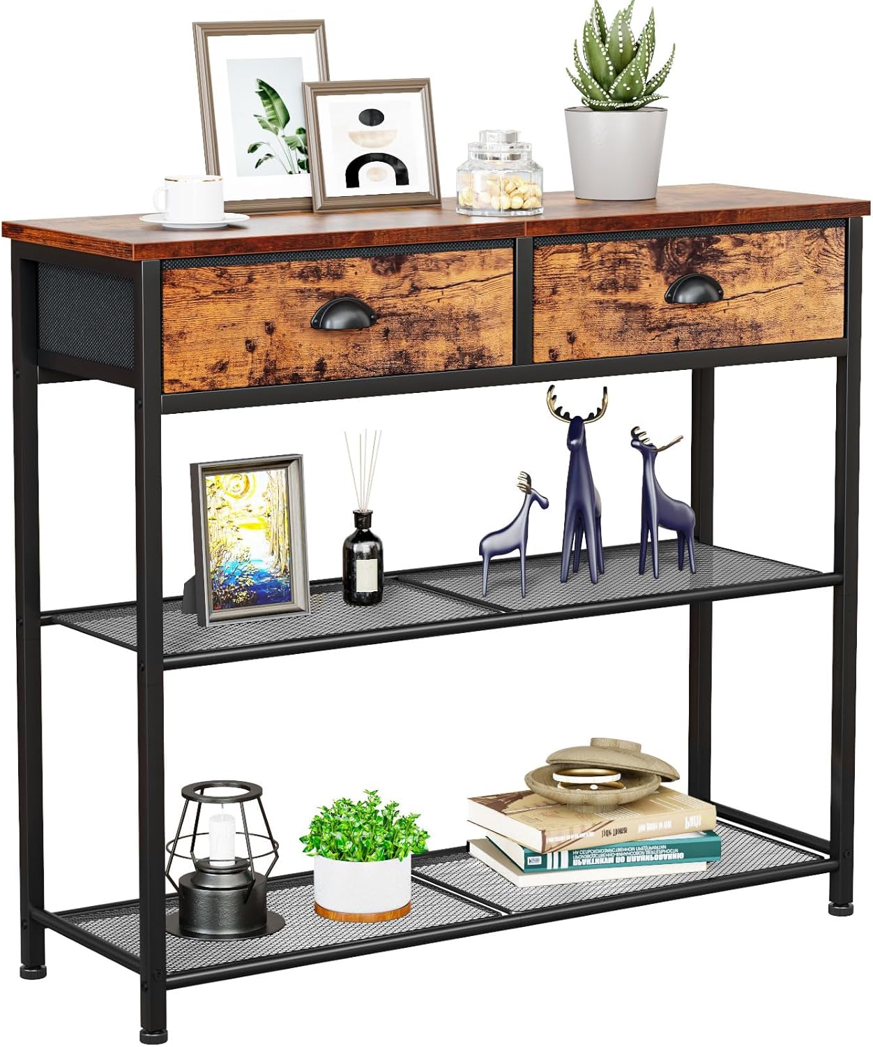 Furologee Entryway Table. 38'' Console Sofa Table with 3 Fabric Drawers. Industrial Entry Way Table with Storage Shelves. Display Shelf for Living Room. Hallway. Entrance. Foyer. Rustic Brown