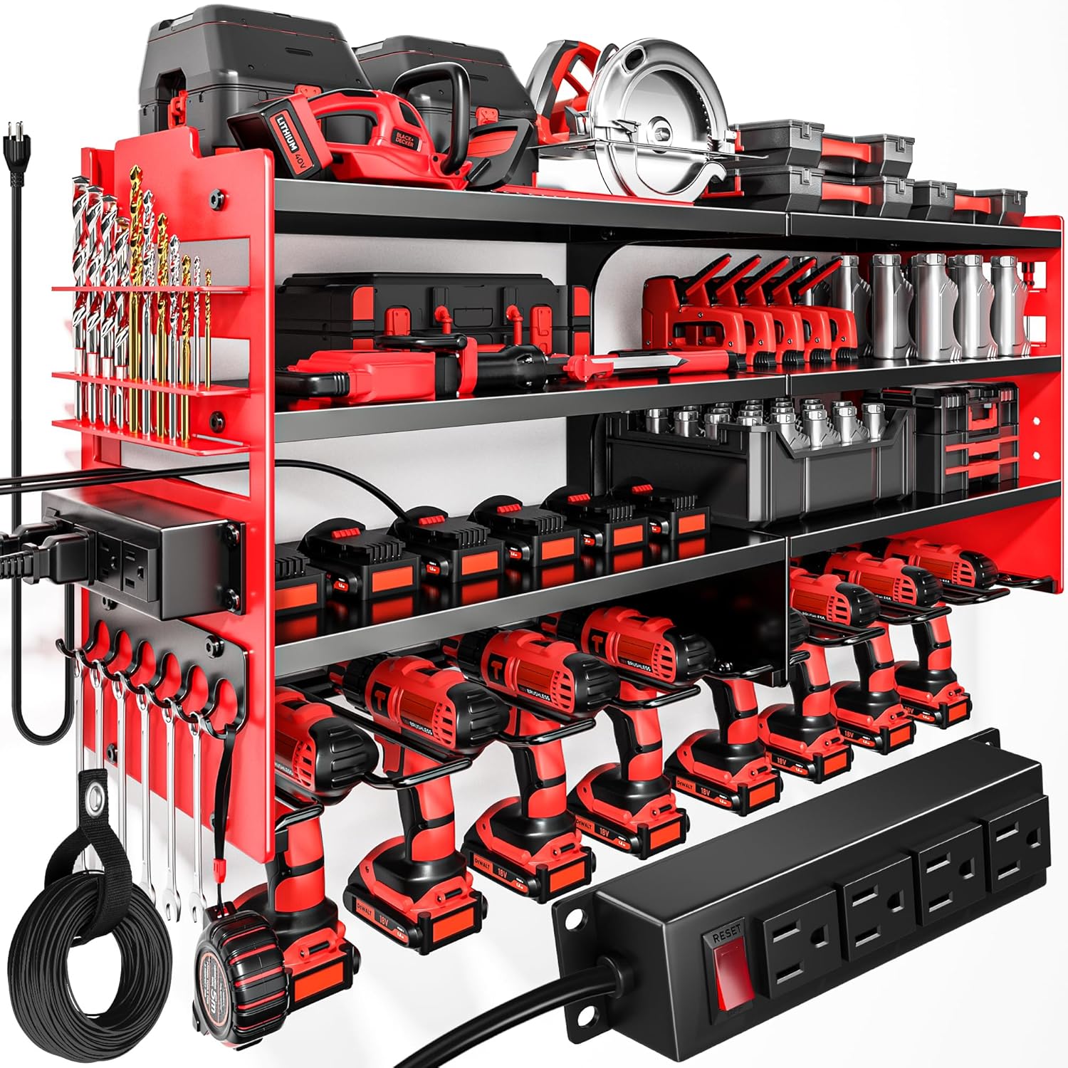 Large Power Tool Organizer Wall Mount with Charging Station.4 Layer Heavy Duty Metal Tool Storage Rack Loads 600lbs with 8 Cordless Drill Holder.Battery Utility Rack Loads with 4 Power Strip