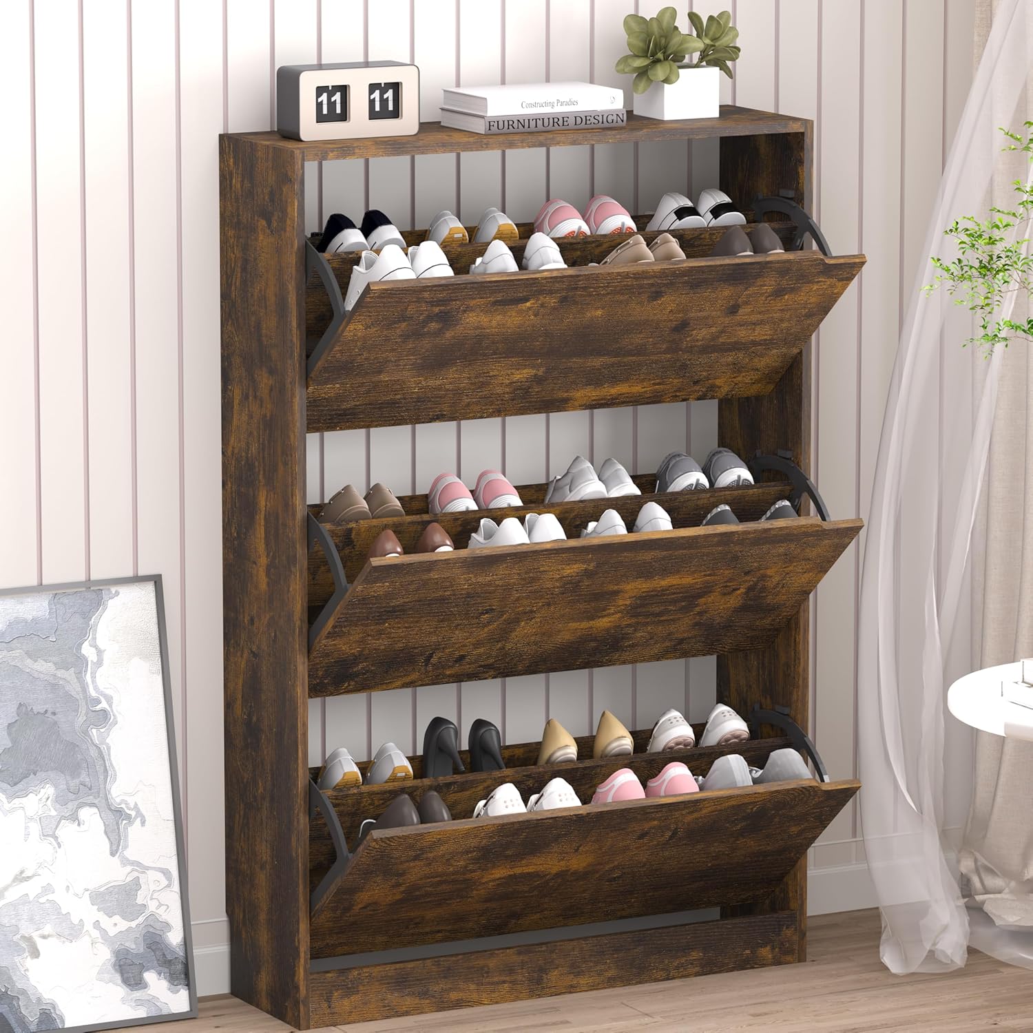 Shoe Cabinet with 3 Flip Drawers. Hidden Wood Shoe Cabinet.Freestanding Shoe Storage Cabinet for Entryway Hallway.White. 47.2" H*31.5" W*9.25" D.
