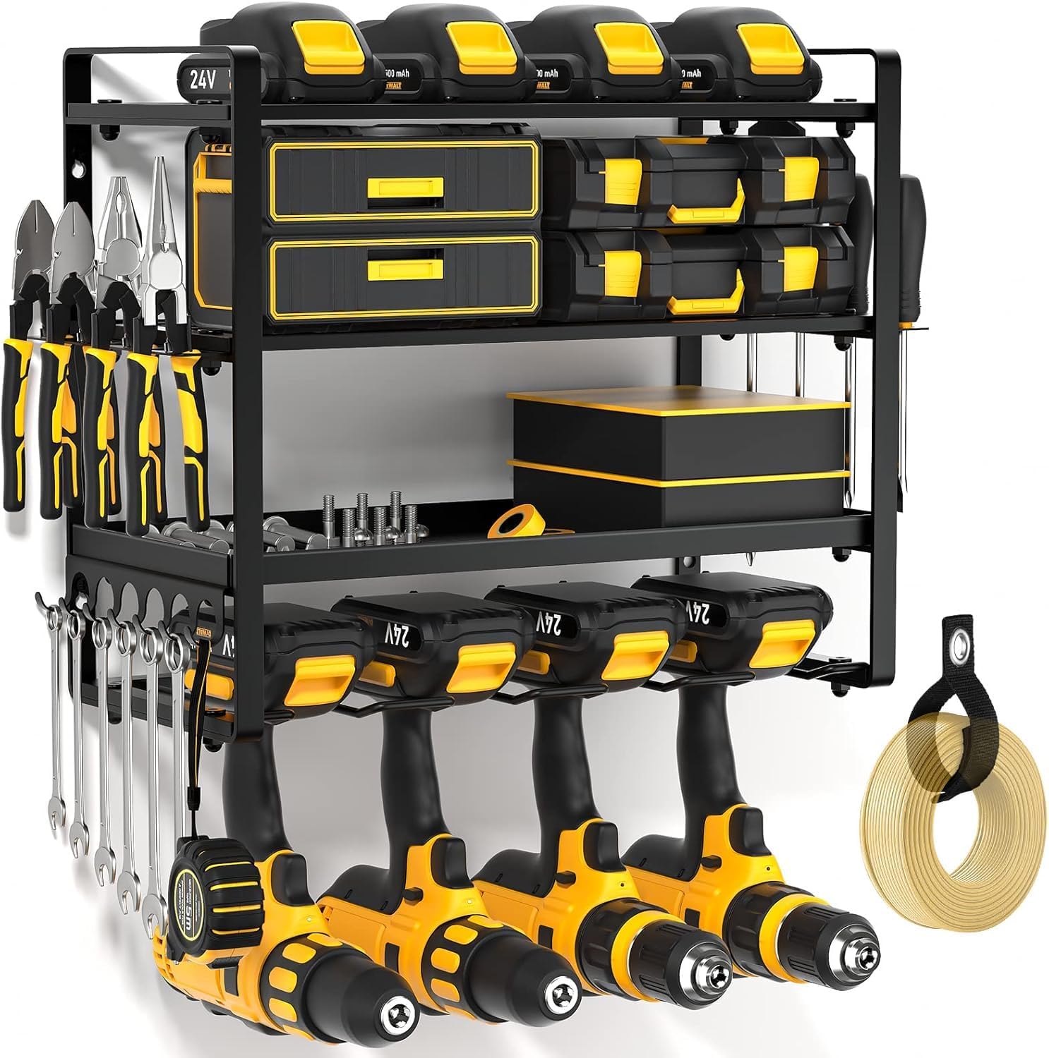49" W Large Power Tool Organizer Wall Mount Loads 600 lbs. Heavy Duty 4-Tier 12 Drills Holder. Cordless Tool Storage Battery Shelf. Utility Racks for Garage Workshop Shed. Gifts for Men Husband