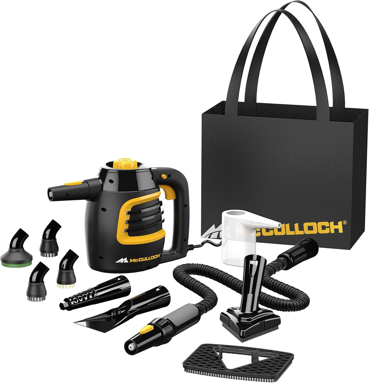 McCulloch MC1385 Deluxe Canister Steam Cleaner. 2-Hour Runtime. Chemical-Free. 23 Accessories: Mop Head. Brushes & More - Built for Home. Tile. Carpet. Furniture. & Personal Car Detailing
