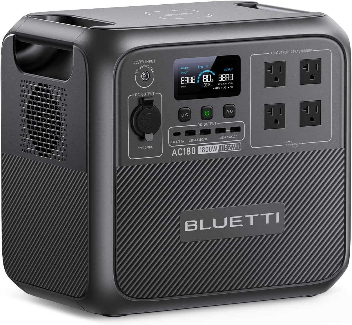 BLUETTI Solar Generator AC180. 1152Wh LiFePO4 Battery Backup w/ 4 1800W (2700W peak) AC Outlets. 0-80% in 45Min. for Camping. Off-grid. Power Outage