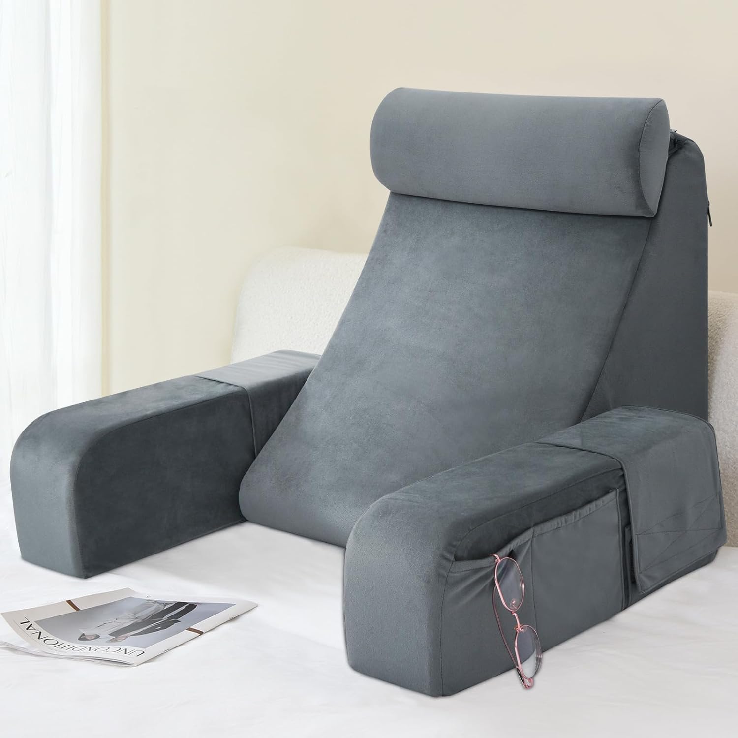 ENITYA Reading Pillow for Sitting in Bed Adult. 19" Back Pillow for Bed Sitting up. Backrest Cushion for Reclining/Reading/Gaming/Resting/Watching TV. Bedrest. Couch or Floor. Medium(Grey)
