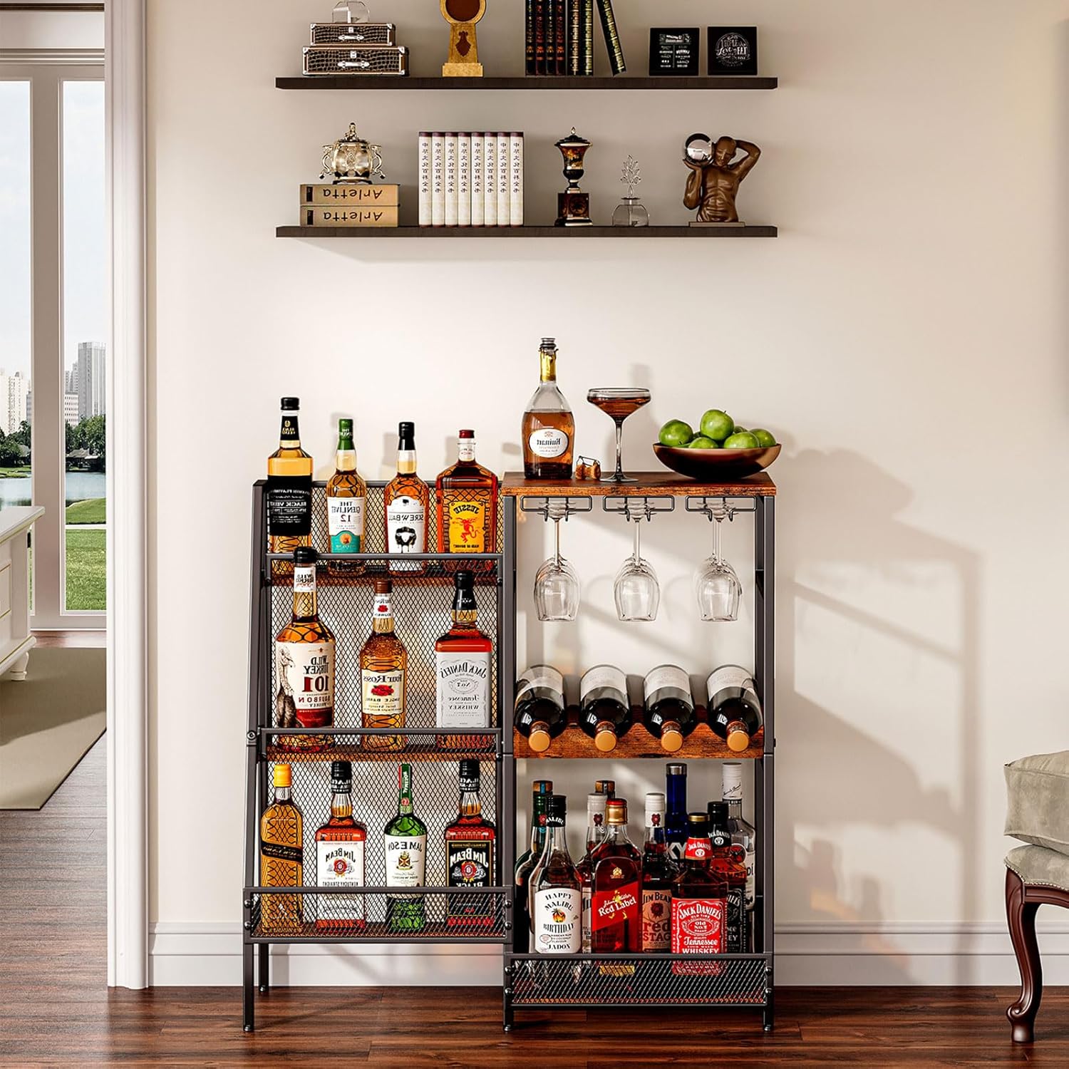 Versatile Liquor Stand for Home Bar. Wine Rack Freestanding Floor. Mini Bar Table for Liquor Whiskey Wine. 3-Tier Trapezoidal Liquor Bottle Display Shelf with Glass Holder and Fences(Patent Pending)