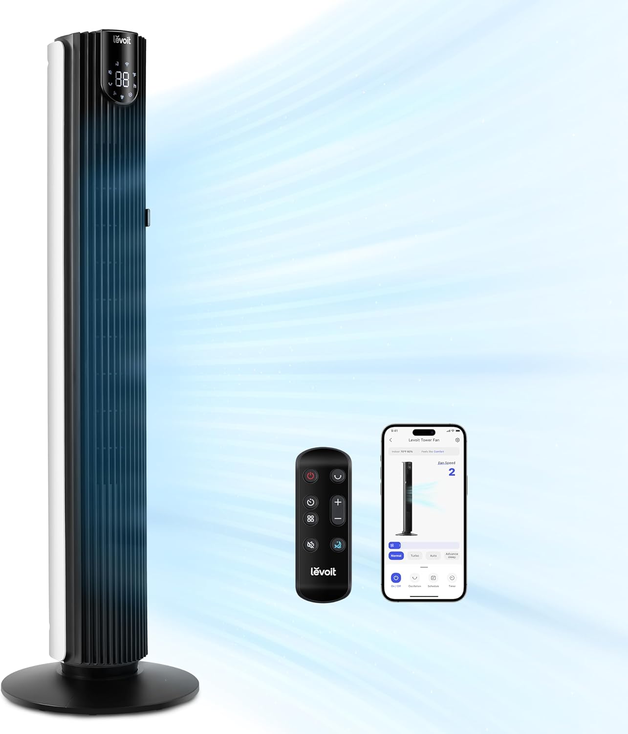 LEVOIT Tower Fan for Bedroom. Standing Fan with 28dB Quiet for Sleep. Remoter. 12H Timer. 25ft/s Velocity. 5 Speeds. 4 Modes. 90° Oscillation for Home. Office. Indoor. Bladeless 36 inch. White