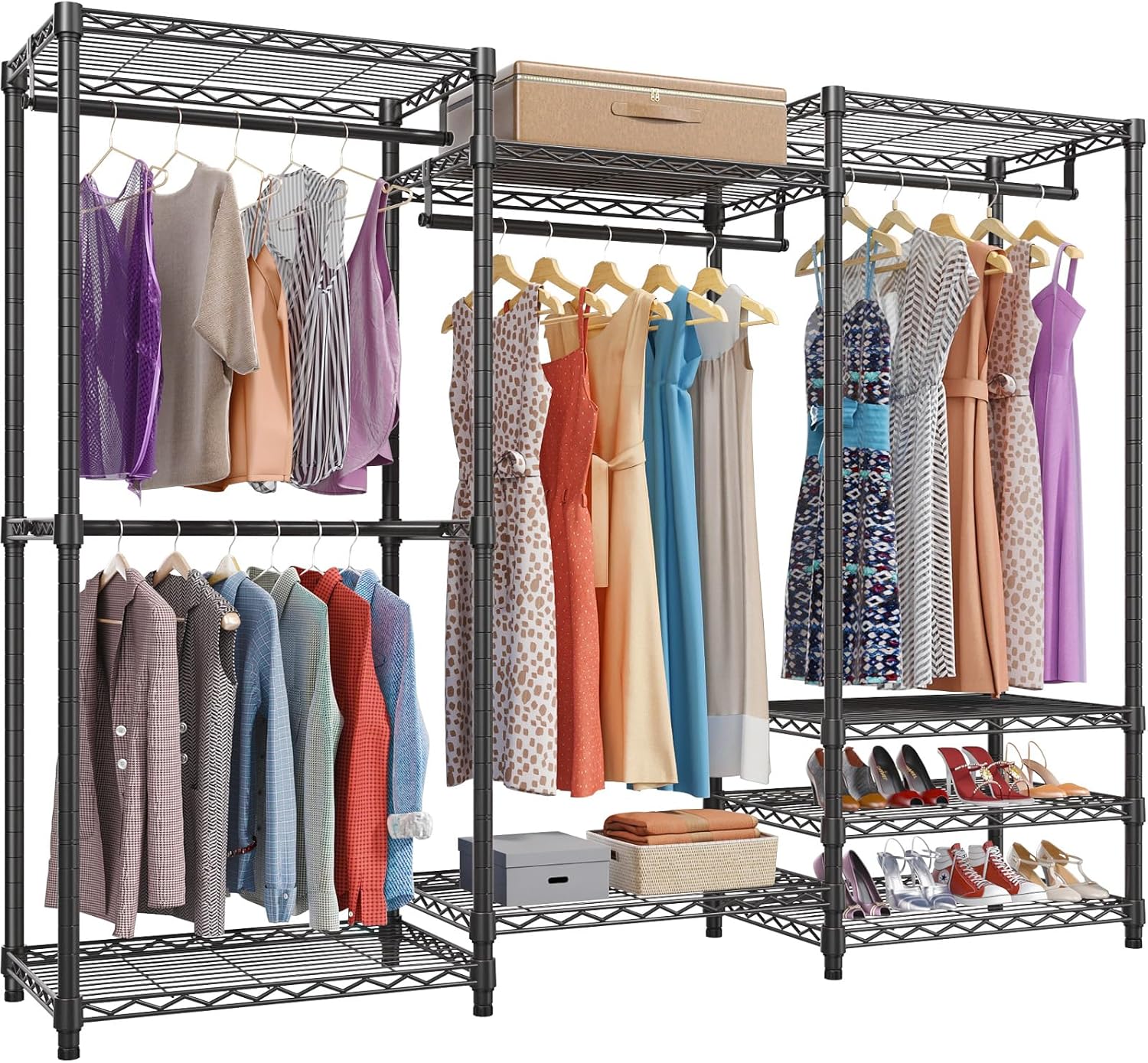 VIPEK V5 Portable Closet Wardrobe Heavy Duty Clothes Rack. Freestanding Clothing Rack with 4 Hang Rods & 8 Shelves. Adjustable Closet Racks. 68.9" L x 15.7" W x 76.4" H. Max Load 890LBS. Black