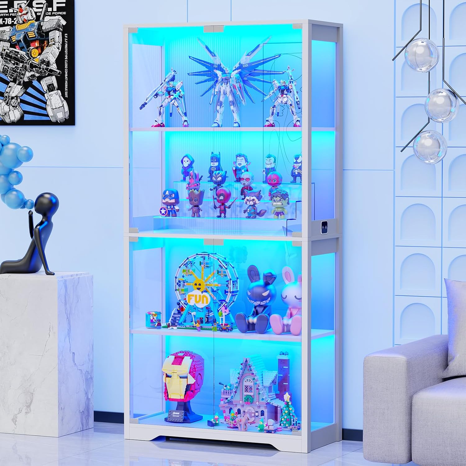 Display Cabinet with Glass Doors. 4-Tier Curio Cabinet with 3 Color Lights for Collectibles. Glass Display Case with Human Body Sensor. Bookcase with 4 Shelves. Glass Storage Cabinets. Black