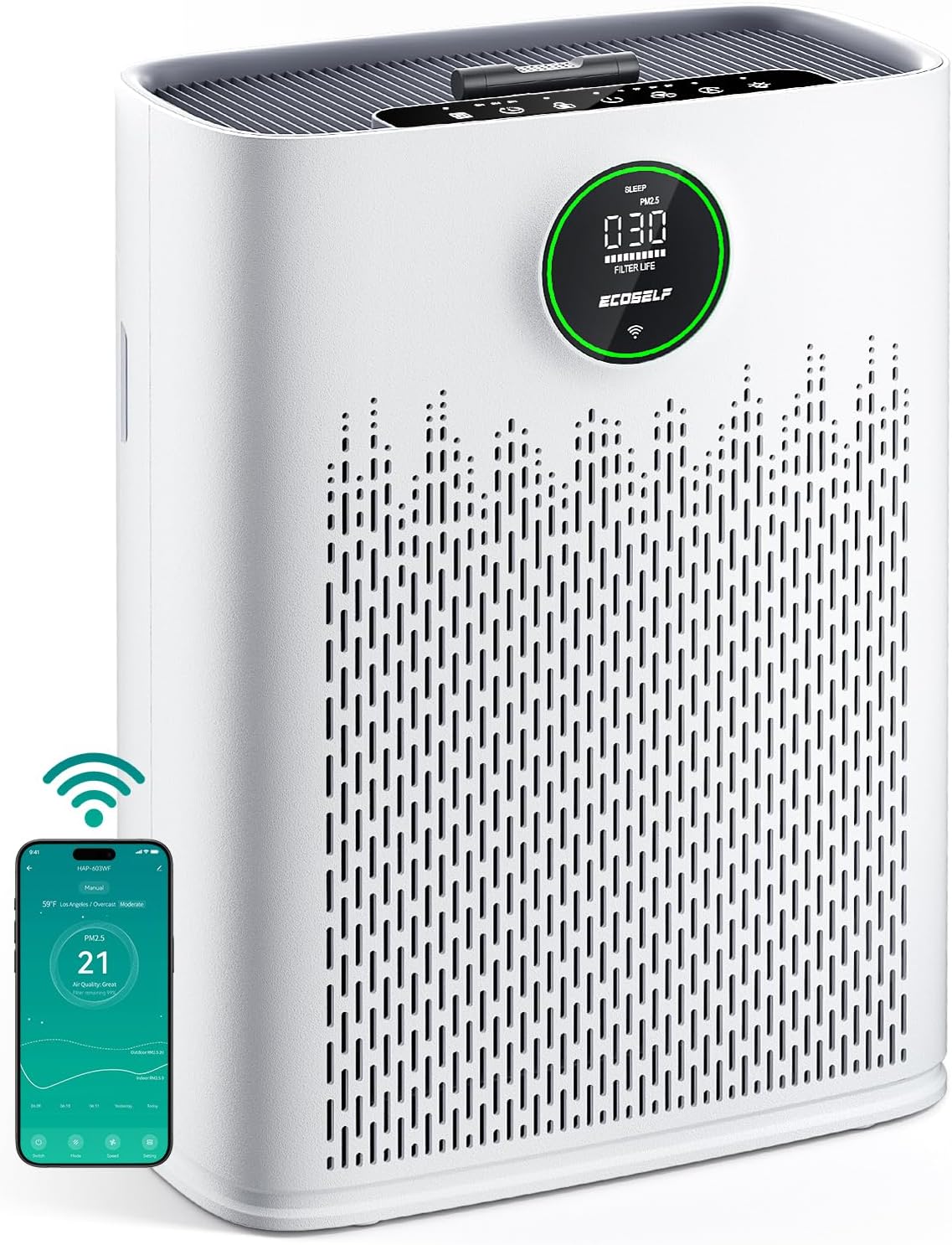 Smart Air Purifier for Home Large Rooms. with WiFi Control. Covers Up to 2200 Ft². Smart Mode. AQI Display. 22dB Sleep Mode & Aromatherapy with 2X-Power Filtration. HAP603WF. Bright White