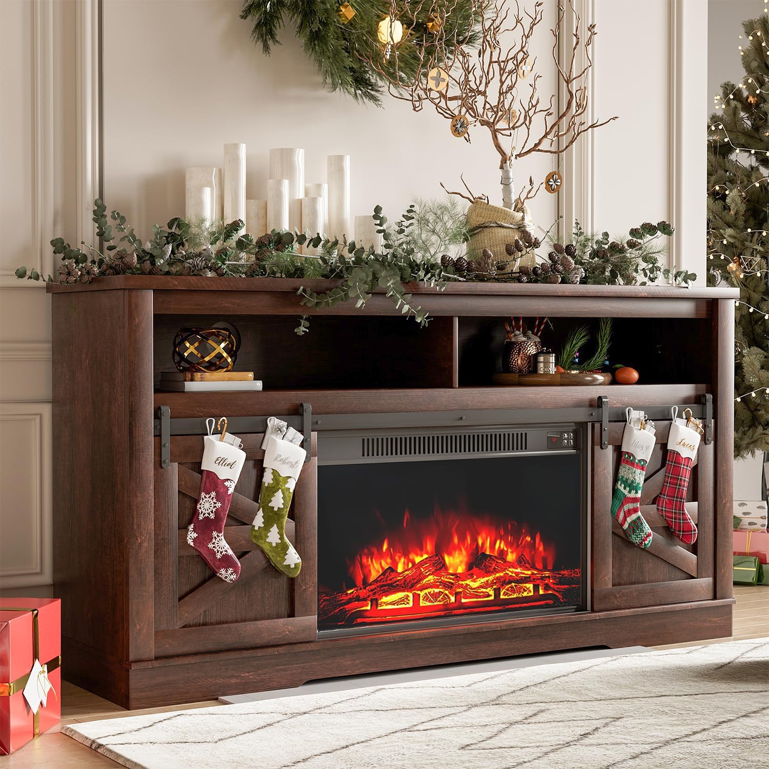 YESHOMY Farmhouse TV Stand and Entertainment Center for Televisions up to 65 Inchs. with Sliding Barn Doors and Storage Cabinets. Console Table and Media Furniture for Living Room. 58 Inch. Milk White