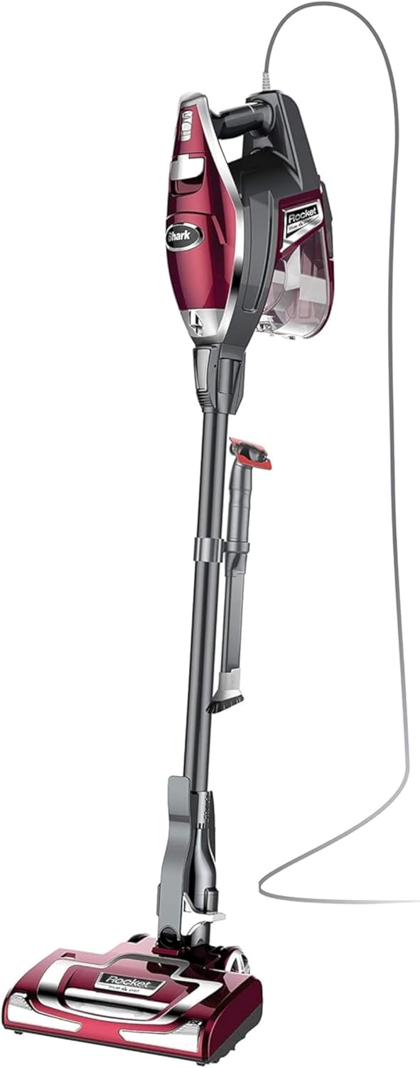 Shark HV322 Rocket Deluxe Pro Corded Stick Vacuum with LED Headlights. XL Dust Cup. Lightweight. Perfect for Pet Hair Pickup. Converts to a Hand Vacuum. with Pet Attachments. Bordeaux/Silver