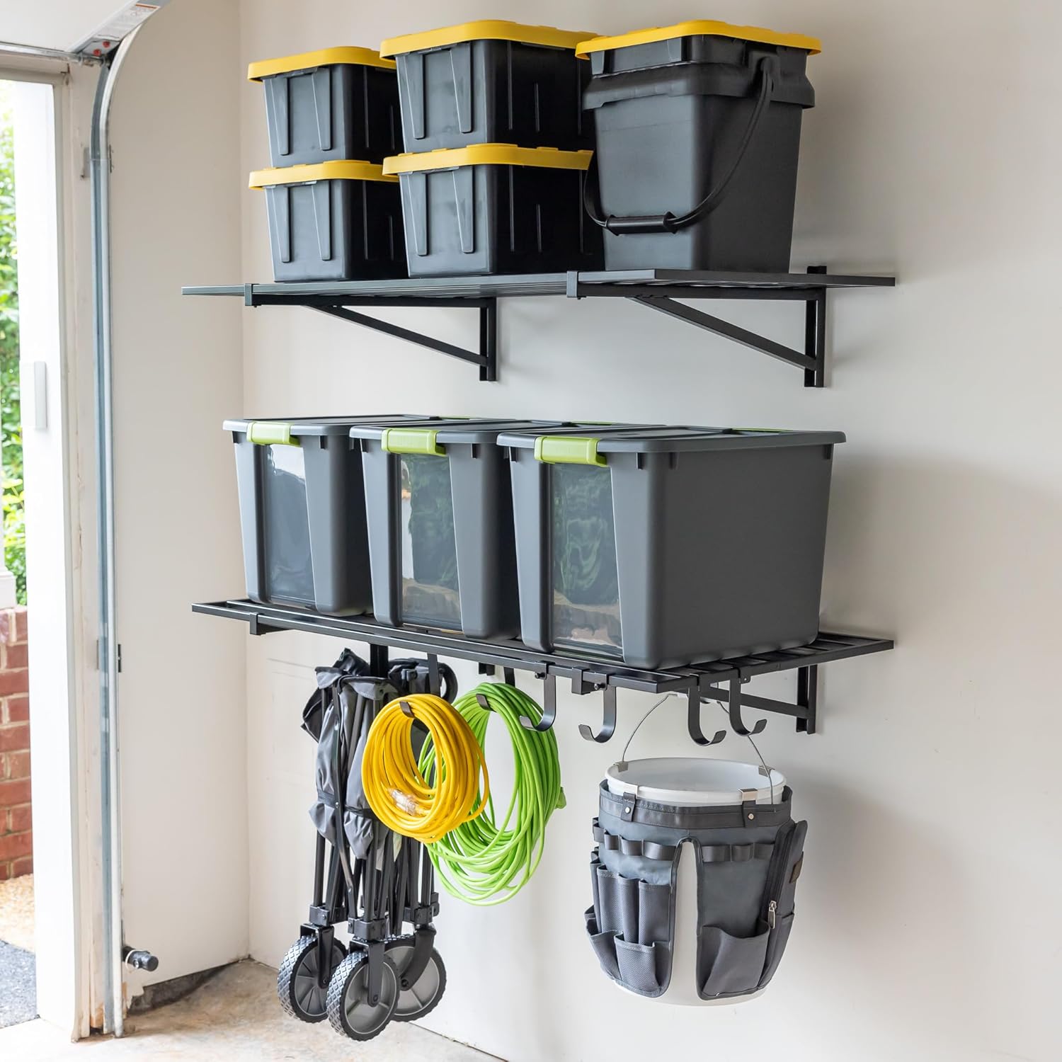 StoreYourBoard 2-Pack 2x4ft Garage Shelving Wall Mounted with Hooks. Heavy-Duty Garage Storage Shelves. Holds 200 lbs Each. Shelves for Organization & Storage Bins