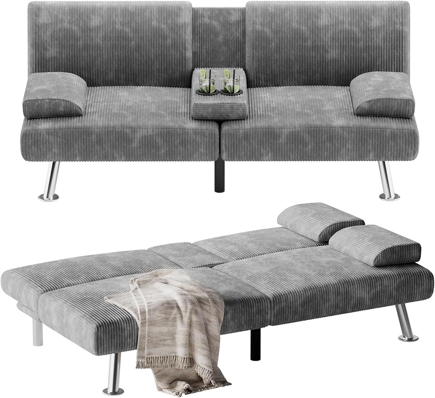 Flamaker Futon Sofa Bed Modern Folding Futon Set Convertible Recliner Lounge for Living Room with 2 Cup Holders. Removable Armrests (PU Leather. Black)