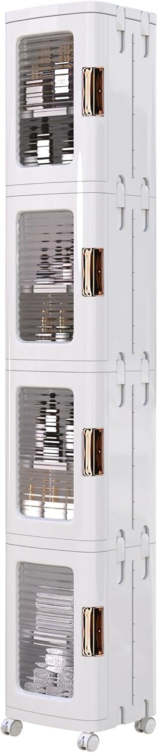 VECELO 4-Tier Plastic Tall Narrow Storage Cabinet with Movable Wheels. Adjustable Shelves. Magnetic Doors. Slim Bathroom Organizers and Storage for Small Space. Bathroom. Kitchen. Laundry. White