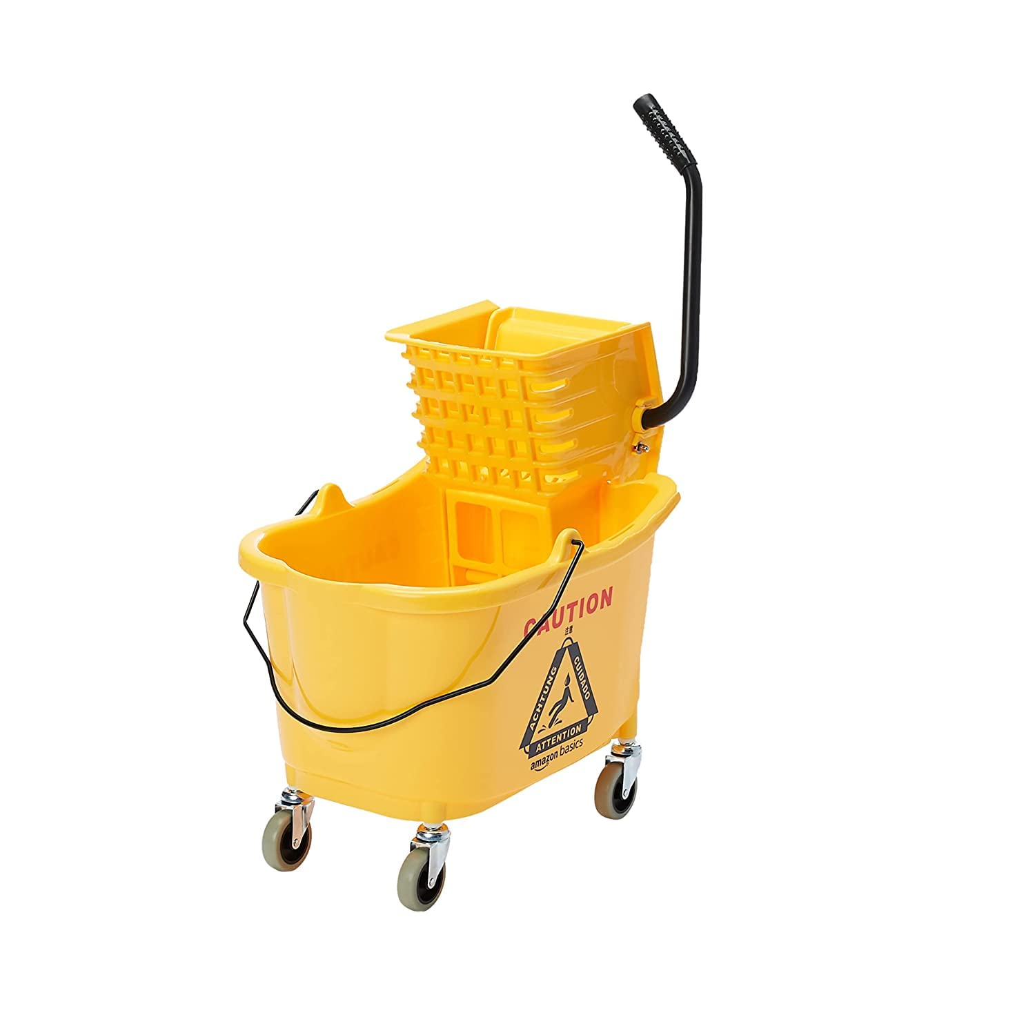 Amazon Basics Side Press Wringer Combo Commercial Floor Cleaning Rectangular Mop Bucket on Wheels. 35-Quart. Yellow