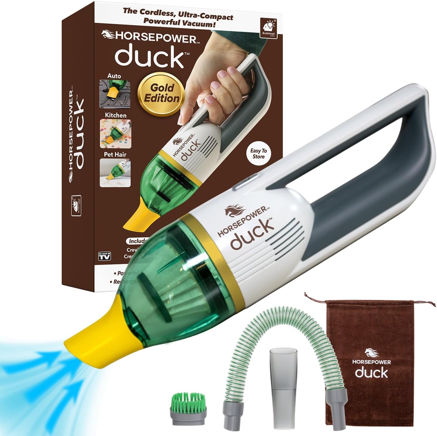 Duck Compact Cordless Vacuum by Horsepower. Gold Edition. Ultra-Powerful Upgraded Battery for Extra-Long Run Time. AS-SEEN-ON-TV. Strong Suction. Easy to Store. Portable & Rechargeable. Home & Auto