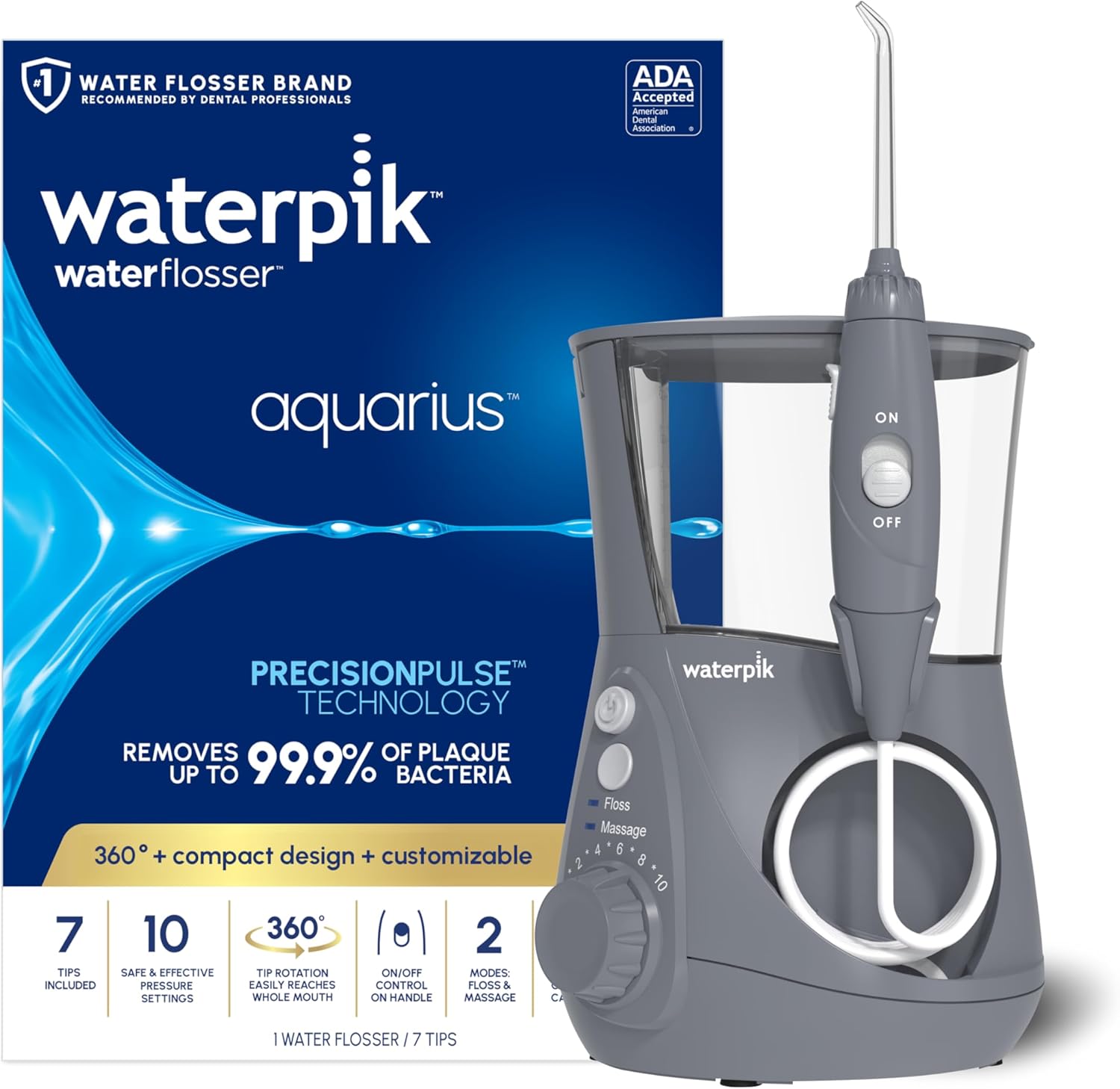 Waterpik Aquarius Water Flosser For Teeth Cleaning. Gums. Braces. Dental Care. Electric Power With 10 Settings. 7 Tips For Multiple Users And Needs. ADA Accepted. White WP-660. Packaging May Vary