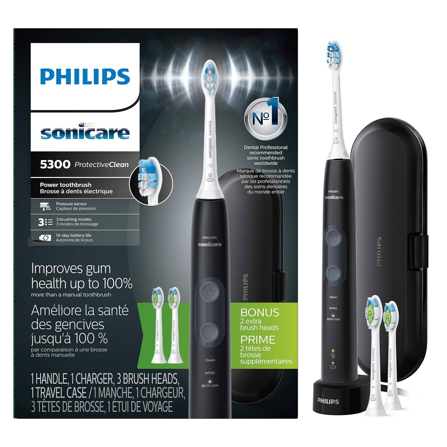 Philips Sonicare ProtectiveClean 5300 Rechargeable Electric Toothbrush. with Pressure Sensor. 3 Cleaning Modes. SmarTimer and QuadPacer. with 2 Bonus Brush Heads. Travel Case. Black. Model HX6423/34