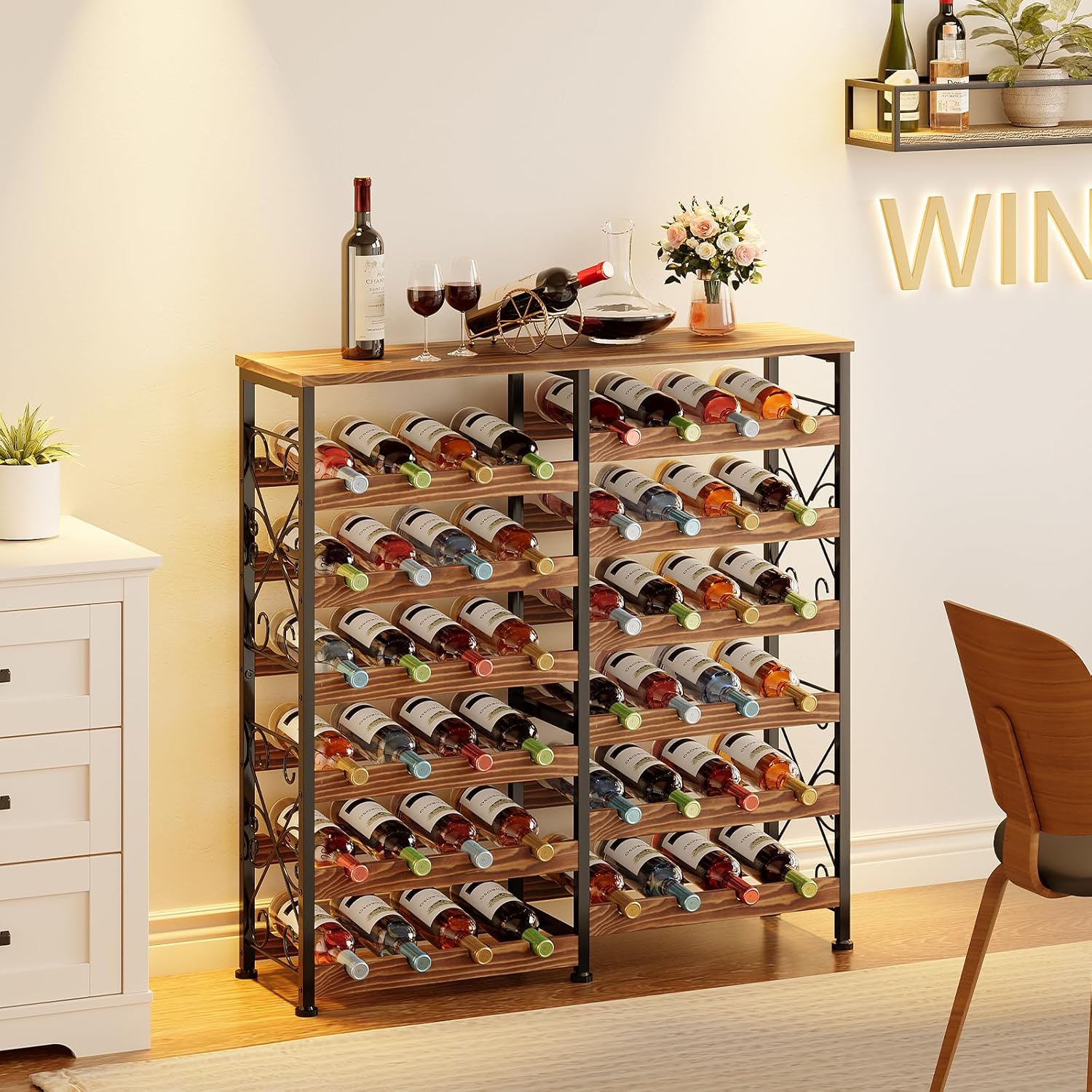 48 Bottles Wine Rack Freestanding Floor with Wood Top. 8 Tier Wine Bottle Holder. Wine Storage for Kitchen Pantry. Tall Wine Bar Stand Shelf Display 25.2''L X 10.7''W X 47.2''H