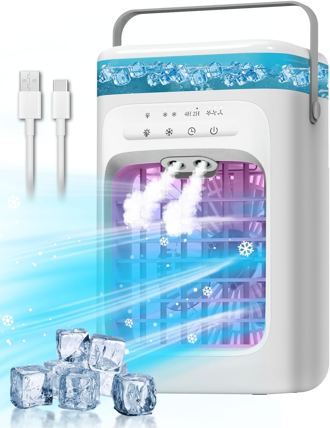 Portable Air Conditioner. Evaporative Mini Portable AC Unit with 3 Speeds & 2 Mist. 120° Oscillating. 7 Color Lights 2-4H Timer. Small Cooling Fan for Bedroom. Office. Home. Camping