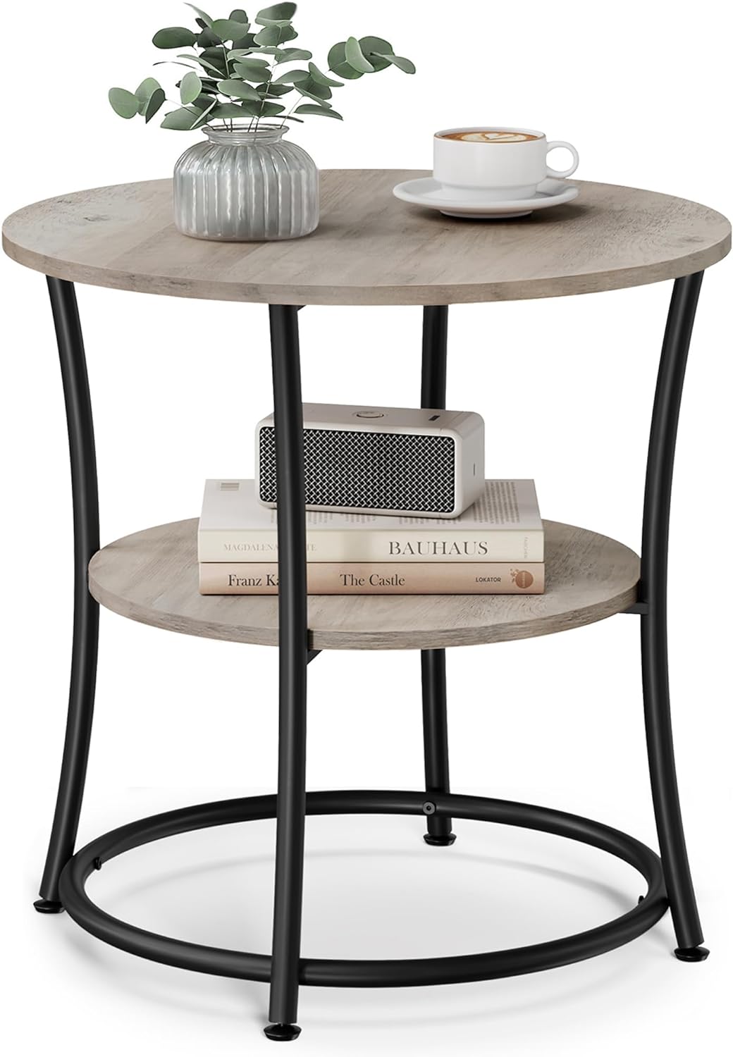 VASAGLE Side Table. 2-Tier Round End Table. Nightstand with Steel Frame for Small Spaces. Living Room. Bedroom. Heather Greige and Ink Black