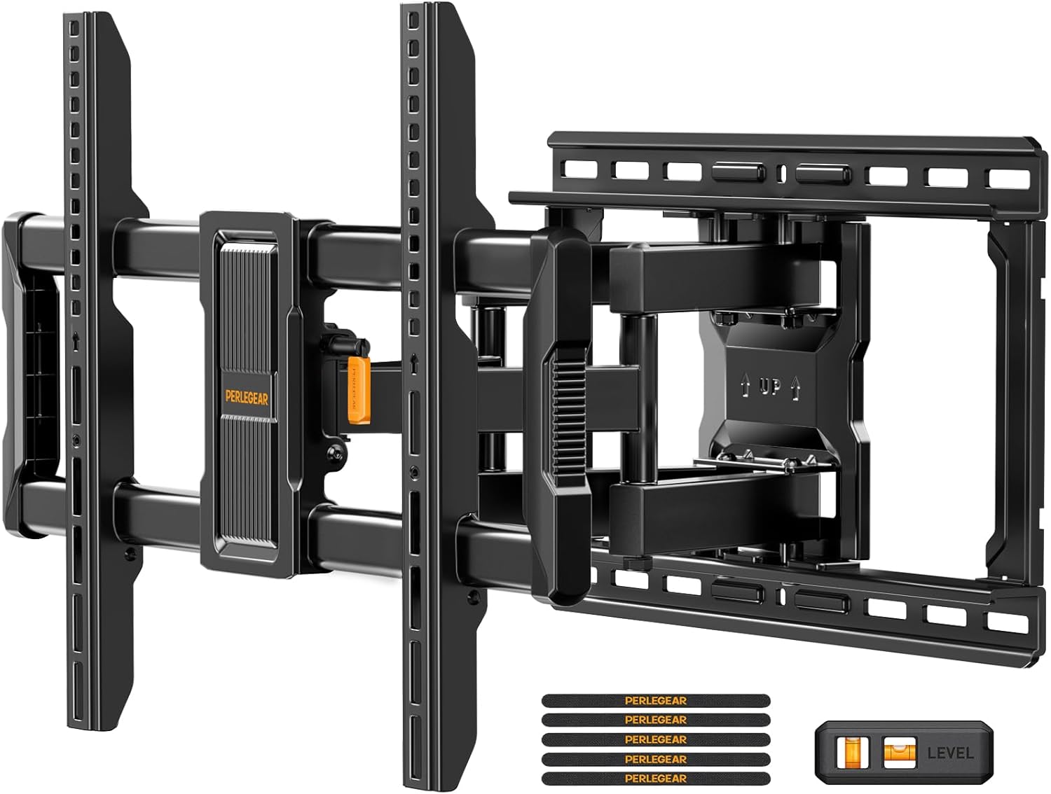 Perlegear UL-Listed Full Motion TV Wall Mount for 40–86 Inch Flat Curved TVs up to 132 lbs. 12″/16″ Wood Studs. TV Mount Bracket with Tool-Free Tilt. Swivel. Extension. Max VESA 600 x 400mm. PGLF15