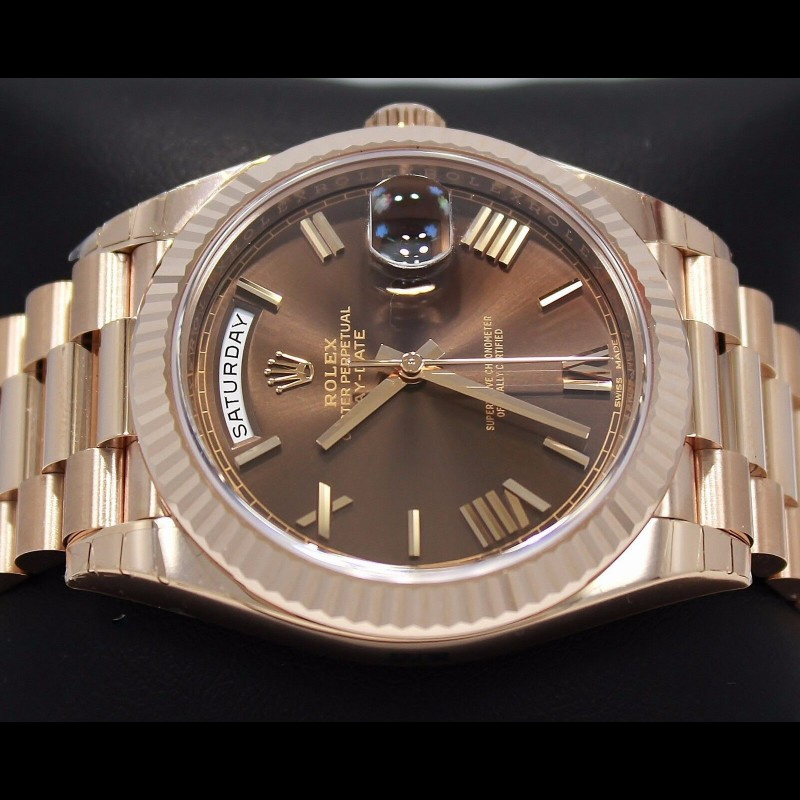 Rolex Day-Date 228235 Chocolate Brown Roman Numeral Dial Fluted Bezel 40mm Mens Replica Watch