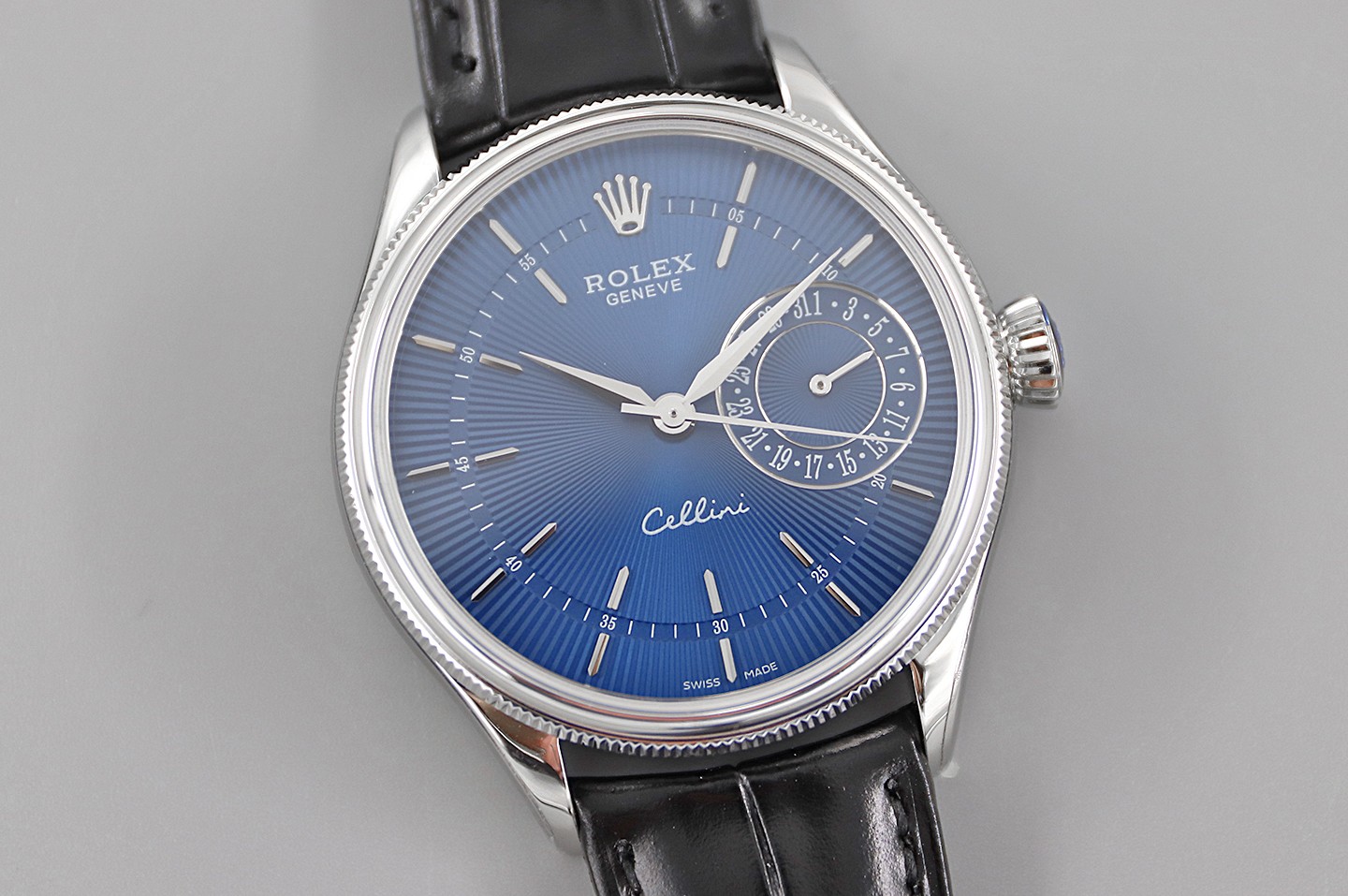 Rolex Cellini Date 50519 Blue Dial Blue Leather Strap 39MM Mens Replica Watch