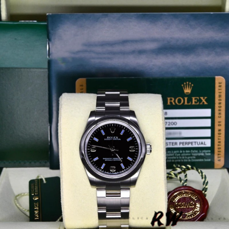Rolex Oyster Perpetual 177200 Black Dial Blue Baton 31mm Lady Replica Watch