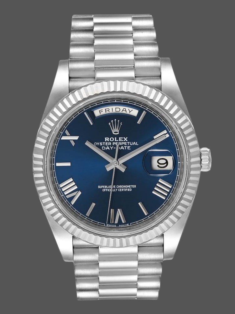 Rolex Day-Date 228239 Blue Roman Dial Fluted Bezel 40mm Mens Replica Watch