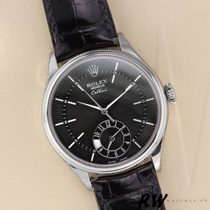 Rolex Cellini Dual Time 50529 Black Dial Brown Leather Strap 39mm Mens Replica Watch