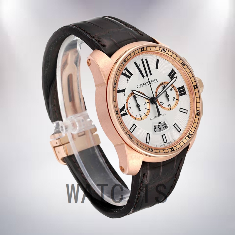 Cartier Calibre 42mm W7100044 Men's Rose Gold-tone Silver White Dial