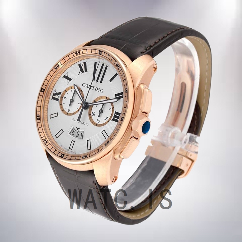 Cartier Calibre 42mm W7100044 Men's Rose Gold-tone Silver White Dial