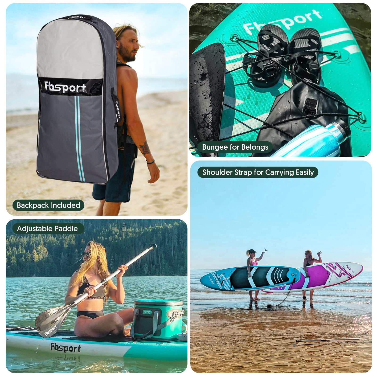FBSPORT Aufblasbares SUP Board, Stand Up Paddling Board, Aufblasbare Stand Up Paddle Board für Stand-Up Paddling 15CM Dick, Surfbrett Kit mit Verstellbares Aluminium SUP Paddel+Pumpe(Green)