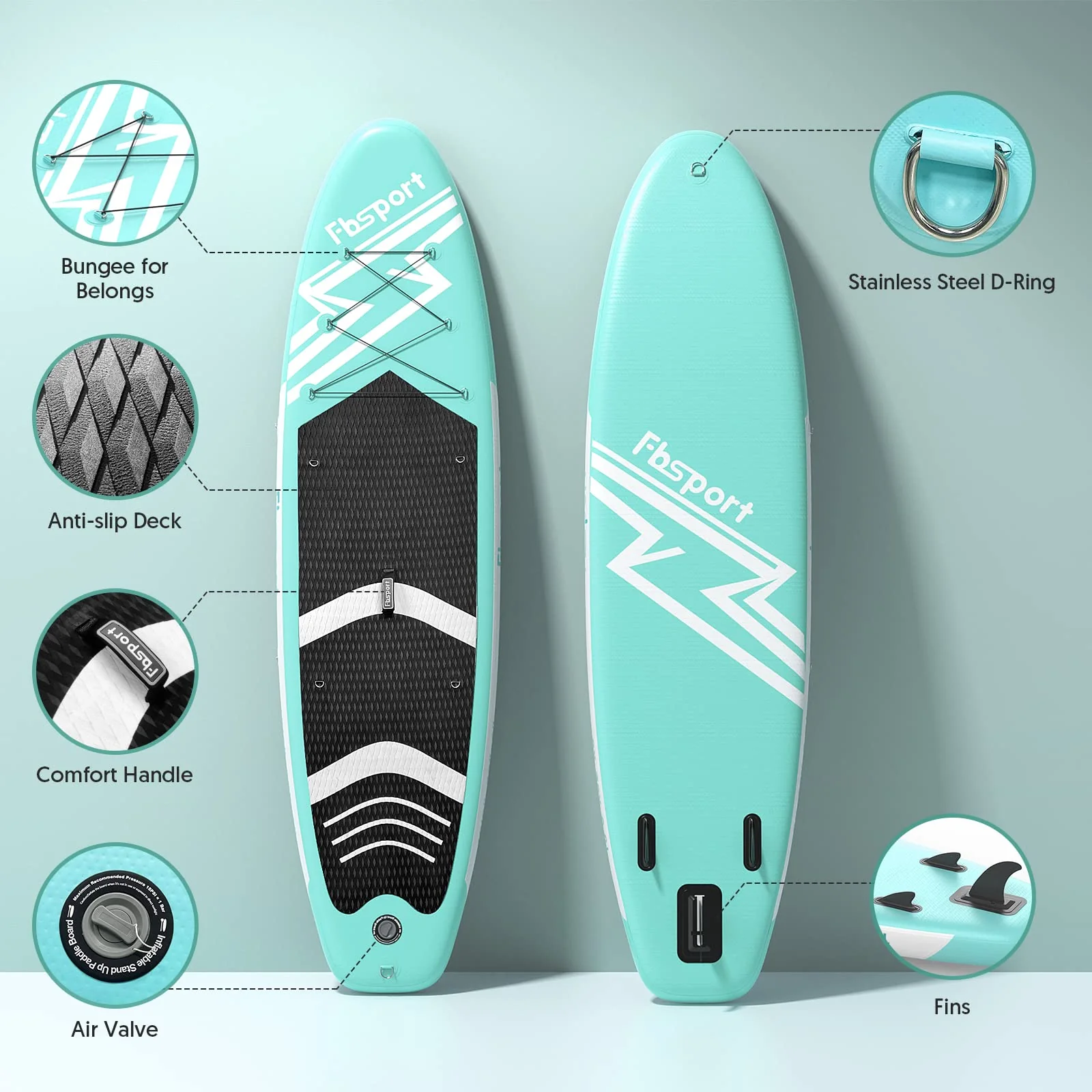 FBSPORT Aufblasbares SUP Board, Stand Up Paddling Board, Aufblasbare Stand Up Paddle Board für Stand-Up Paddling 15CM Dick, Surfbrett Kit mit Verstellbares Aluminium SUP Paddel+Pumpe(Green)