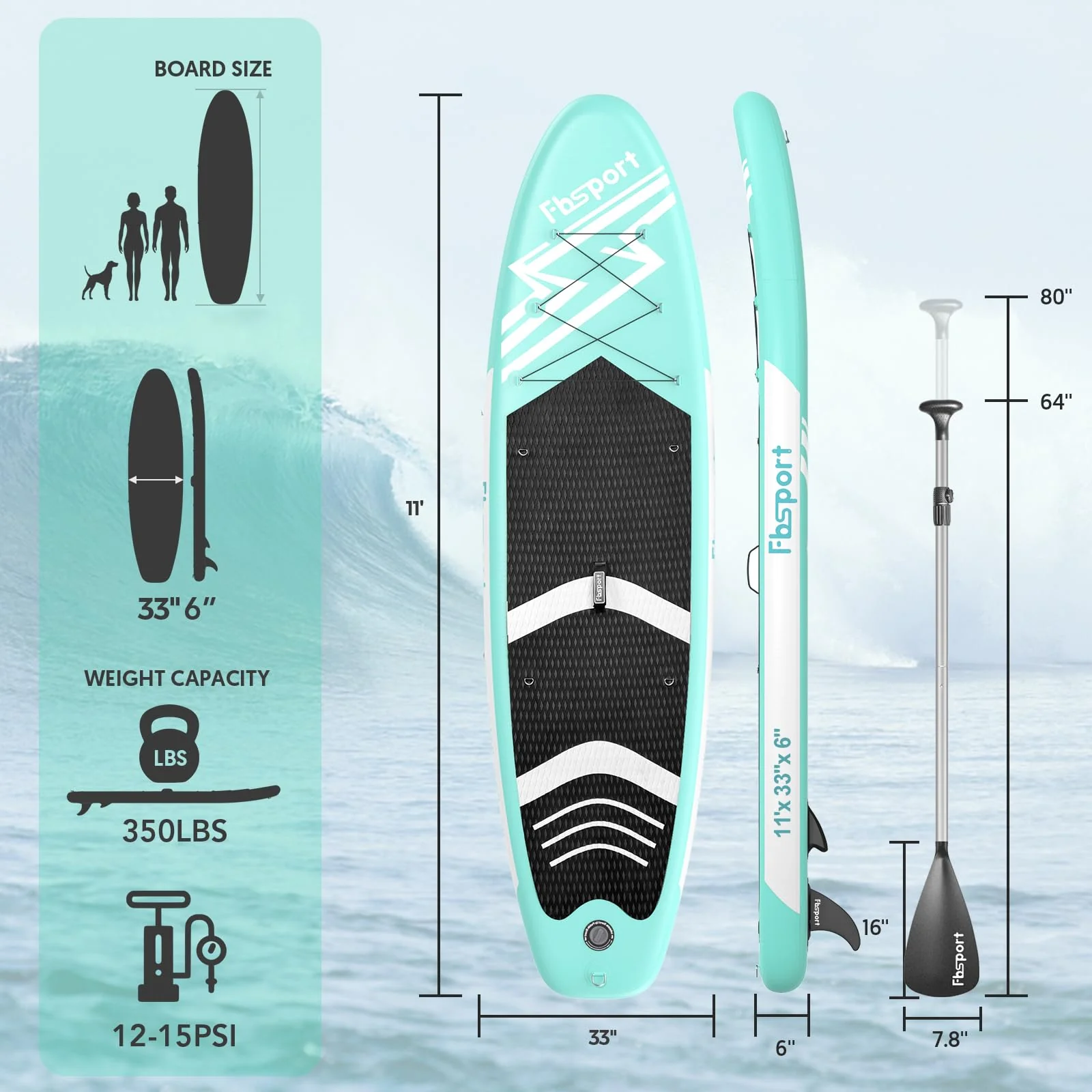 FBSPORT Aufblasbares SUP Board, Stand Up Paddling Board, Aufblasbare Stand Up Paddle Board für Stand-Up Paddling 15CM Dick, Surfbrett Kit mit Verstellbares Aluminium SUP Paddel+Pumpe(Green)