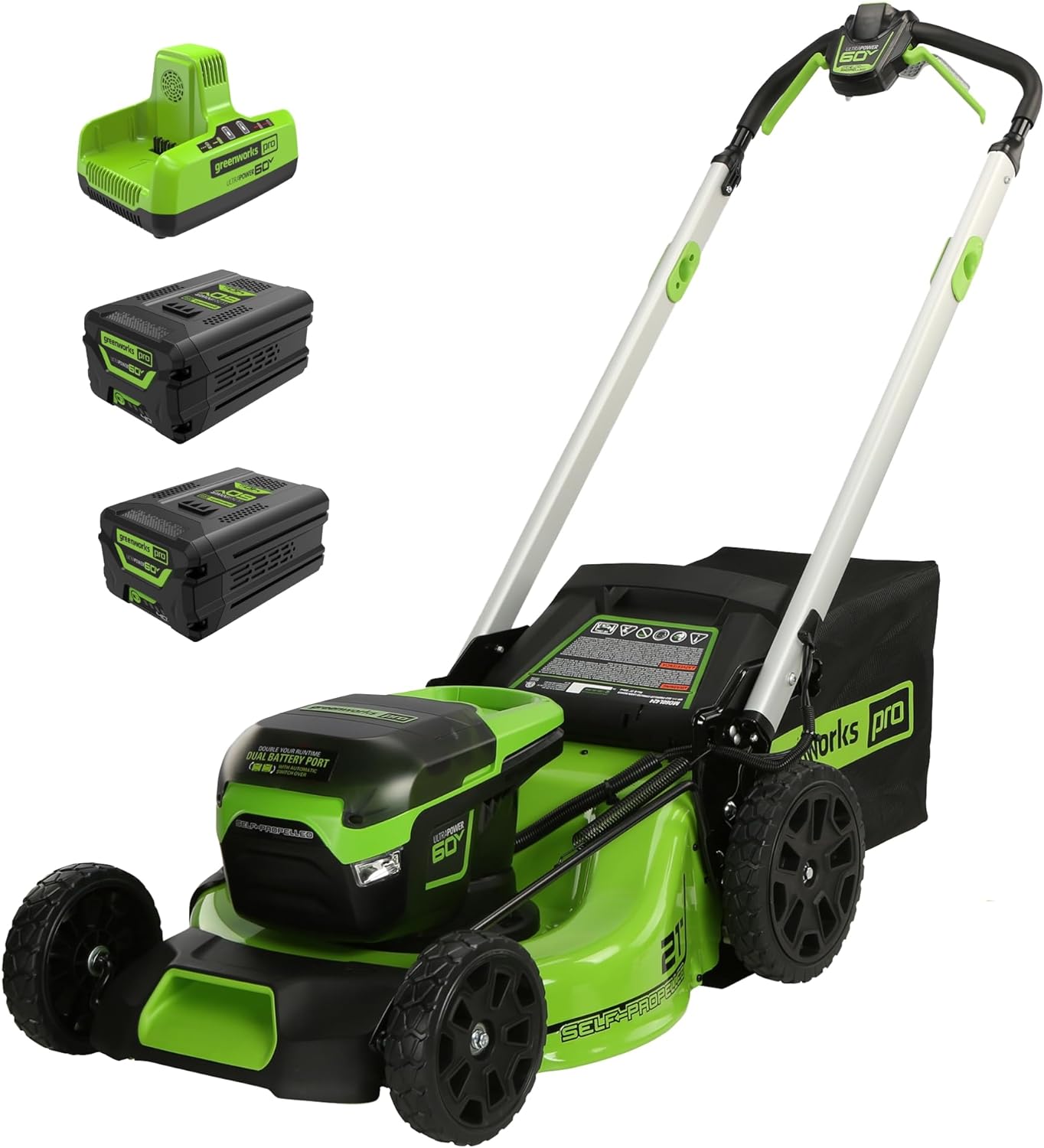 2025 Greenworks 60V 21″ Akku-Rasenmäher (selbstfahrend), 2 x 4,0 Ah Akkus und Schnellladegerät mit Doppelport