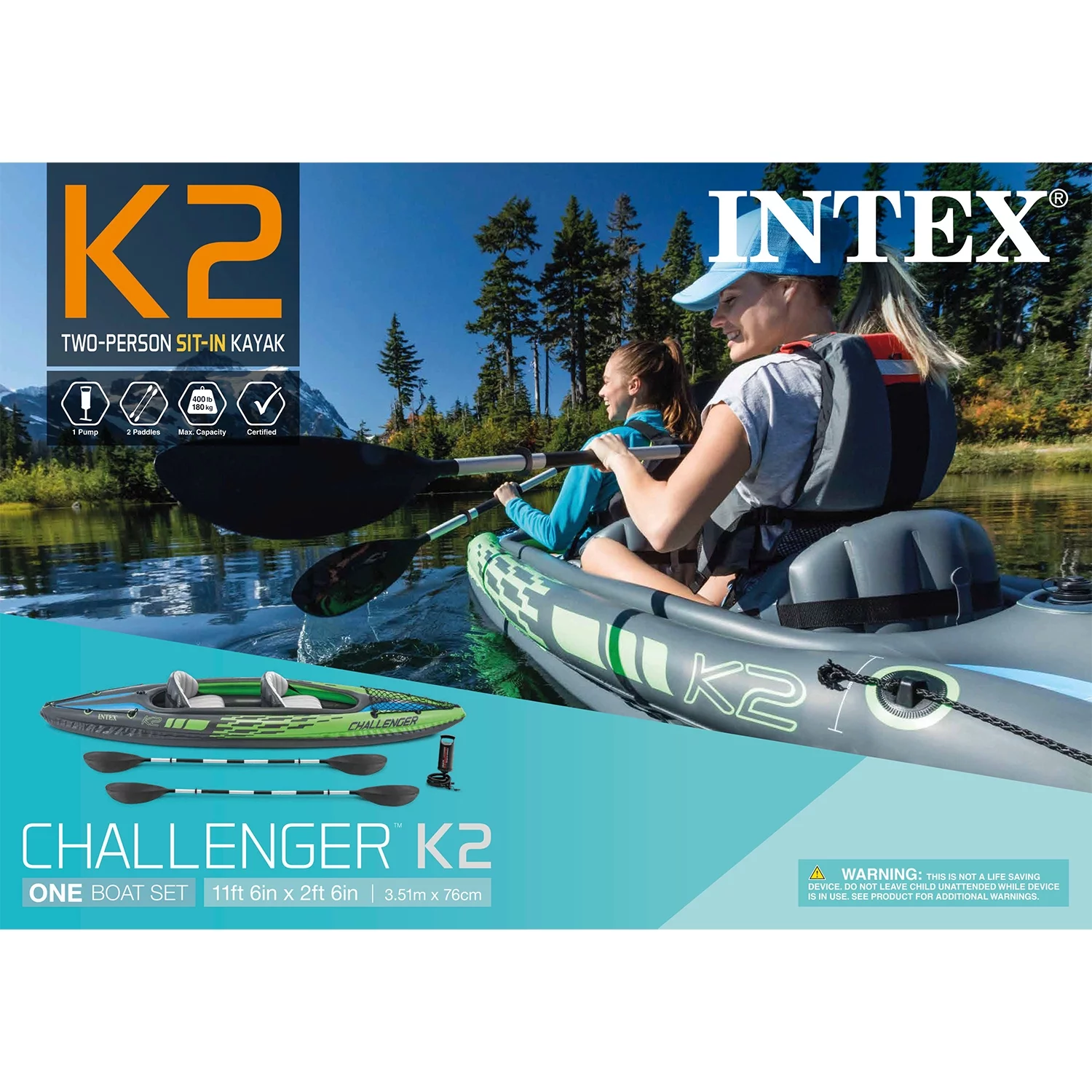 2025 Aufblasbares Kajak Intex Challenger K2 mit Paddeln und Handpumpe
