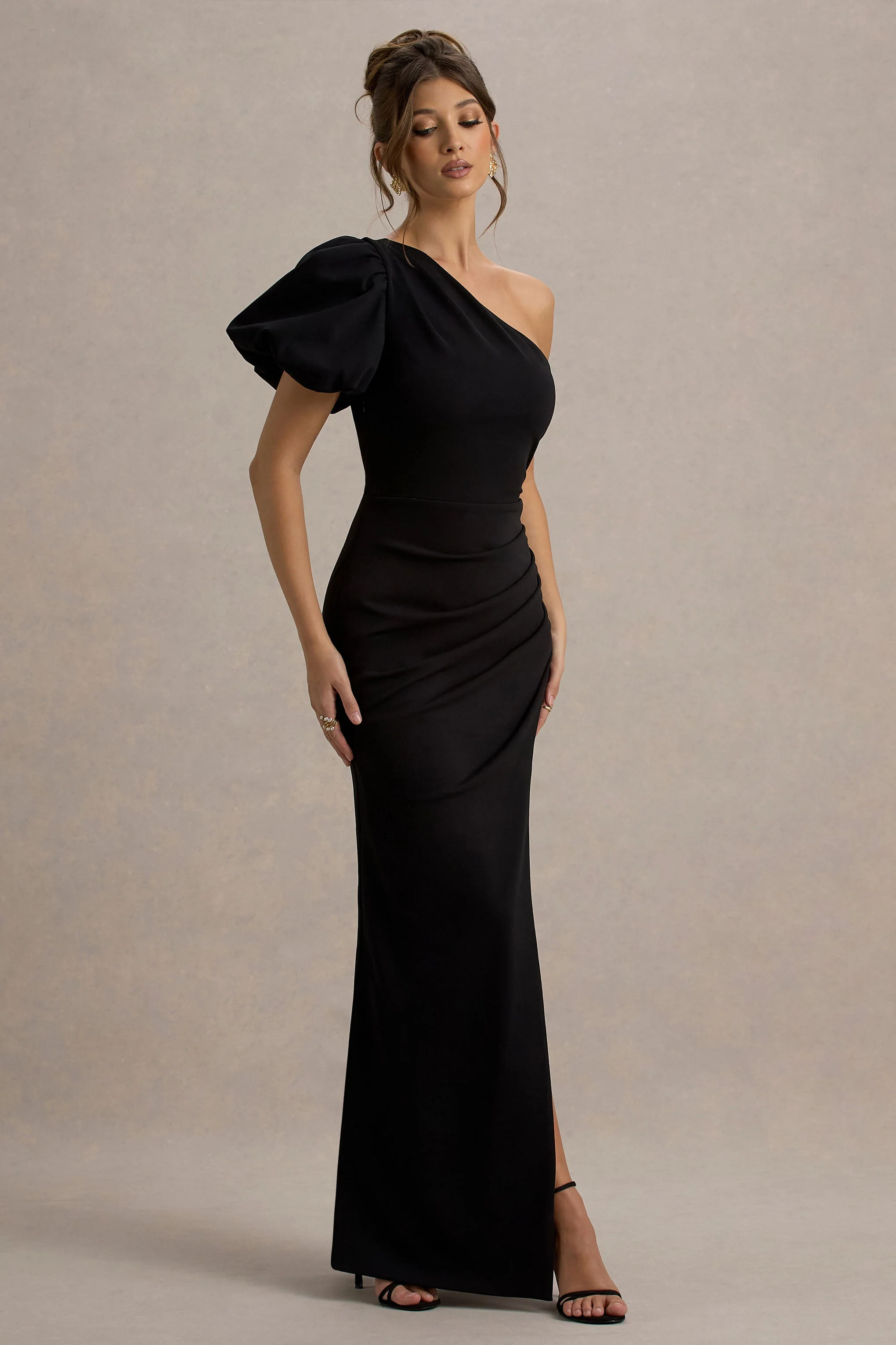 Vittoria | Black Asymmetric Puff-Sleeve Split Maxi Dress