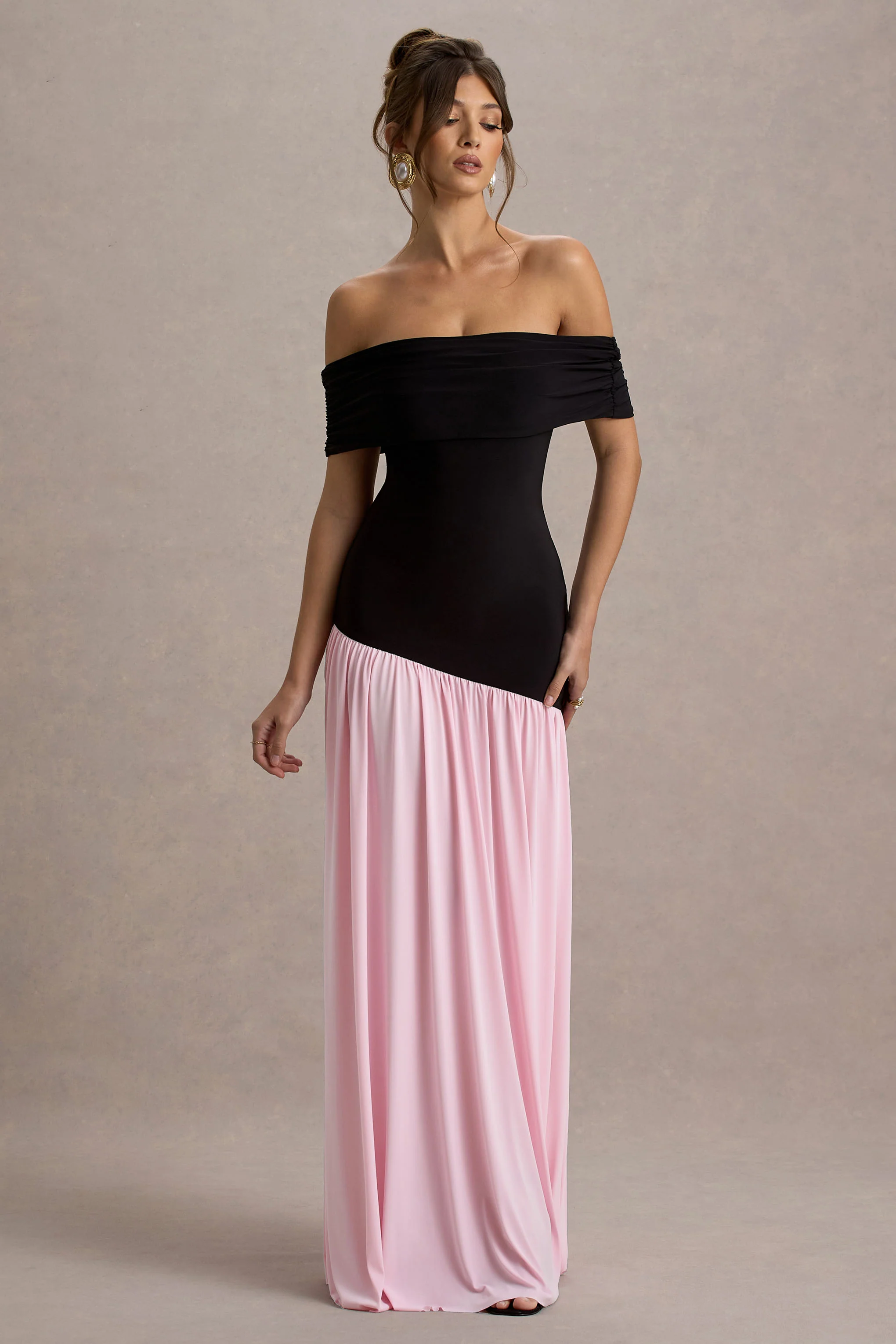 Venezia | Black & Pink Bardot Puff-Skirt Maxi Dress
