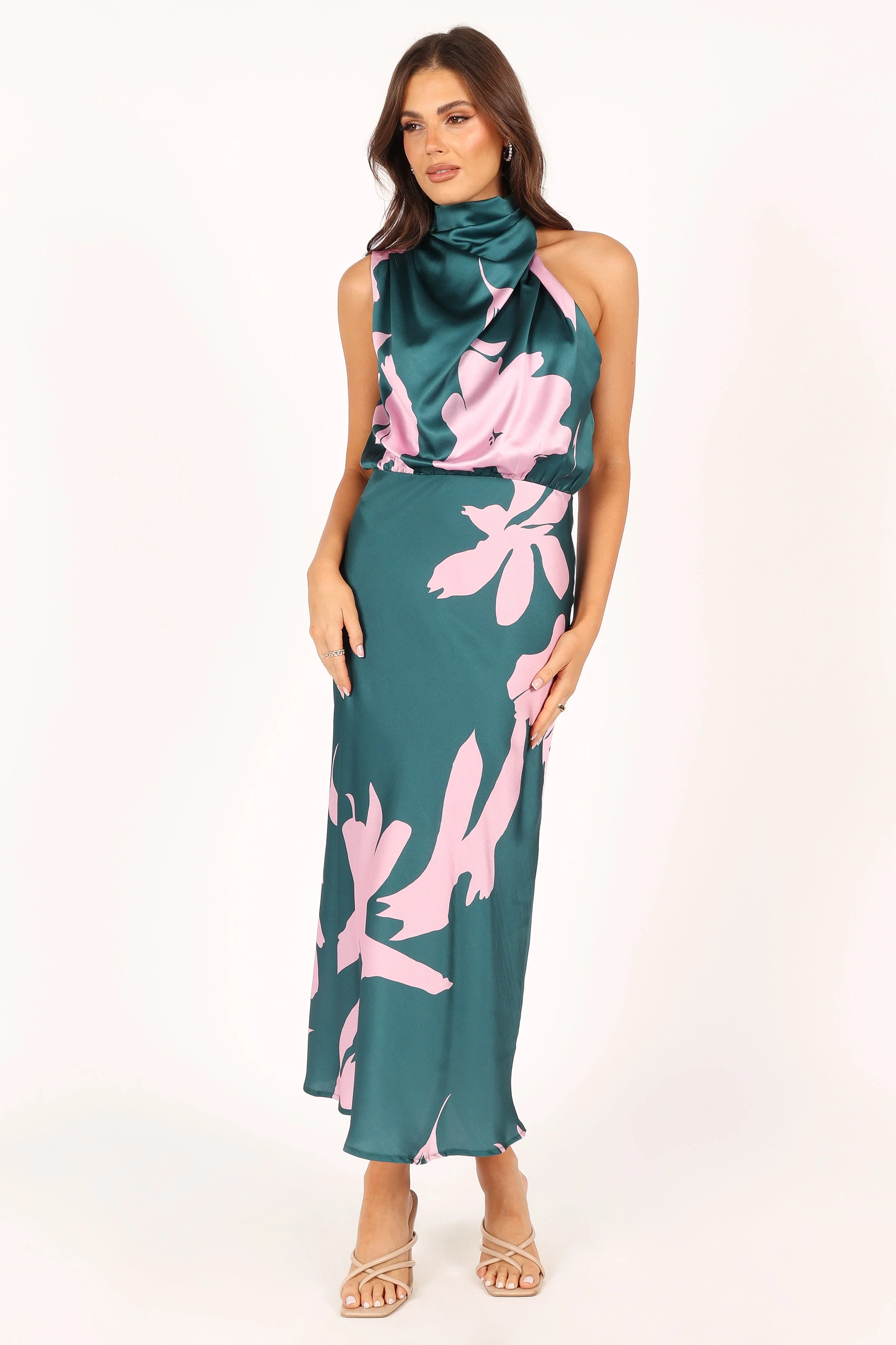 Anabelle Halter Neck Midi Dress - Green Pink