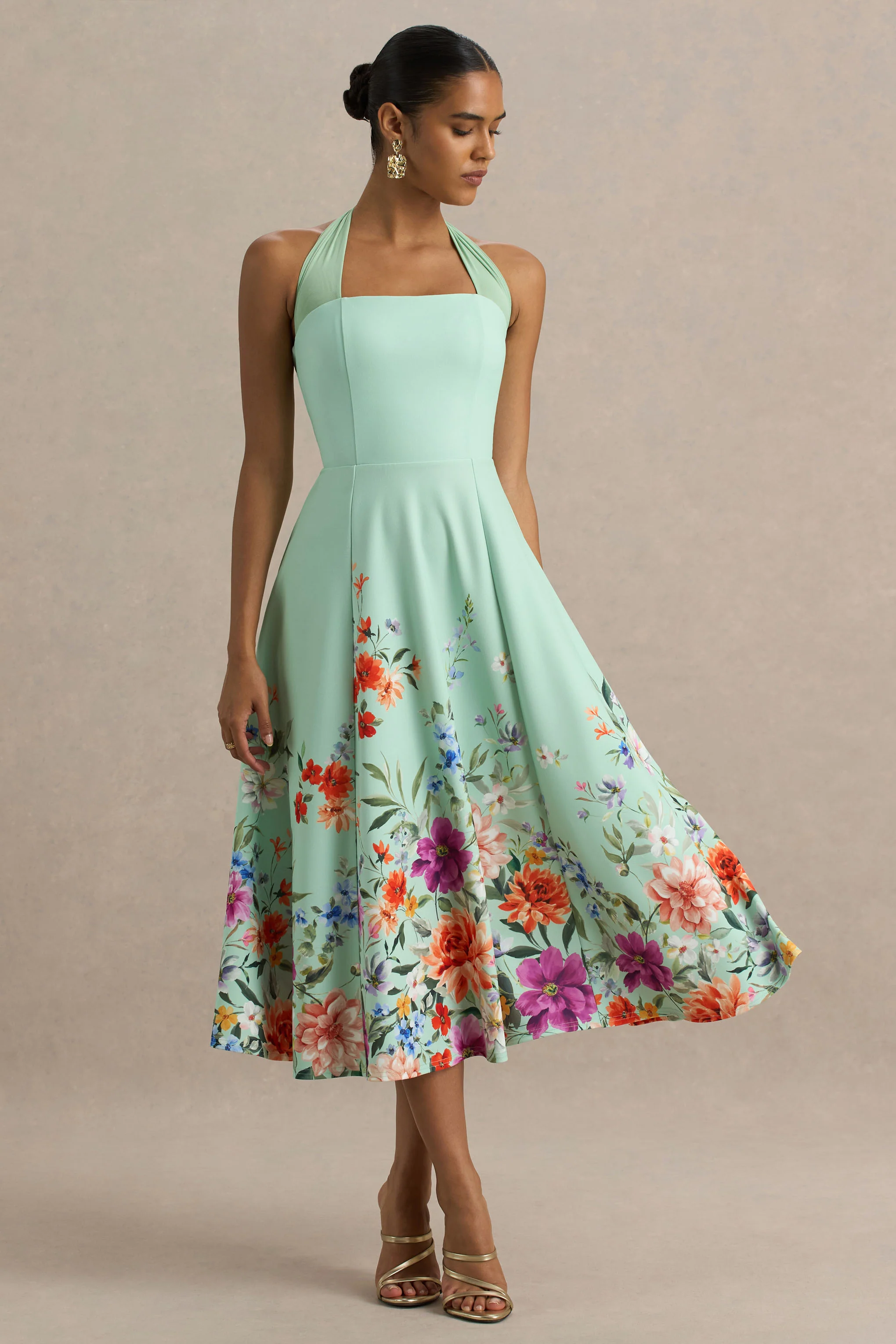 Auburn | Mint Placement Floral Halter-Neck Midi Dress