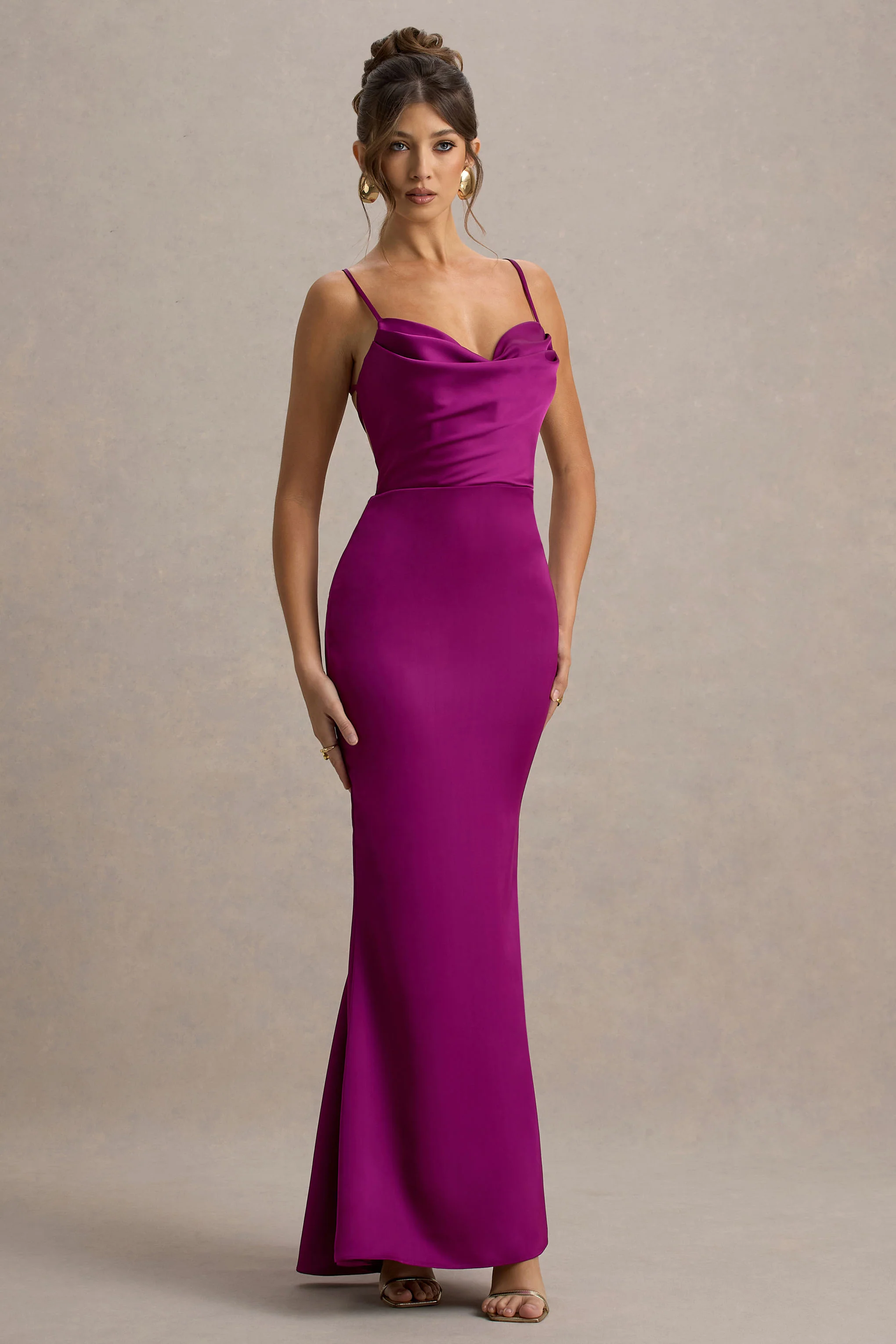 Gia | Dark Pink Satin Cowl-Neck Maxi Dress