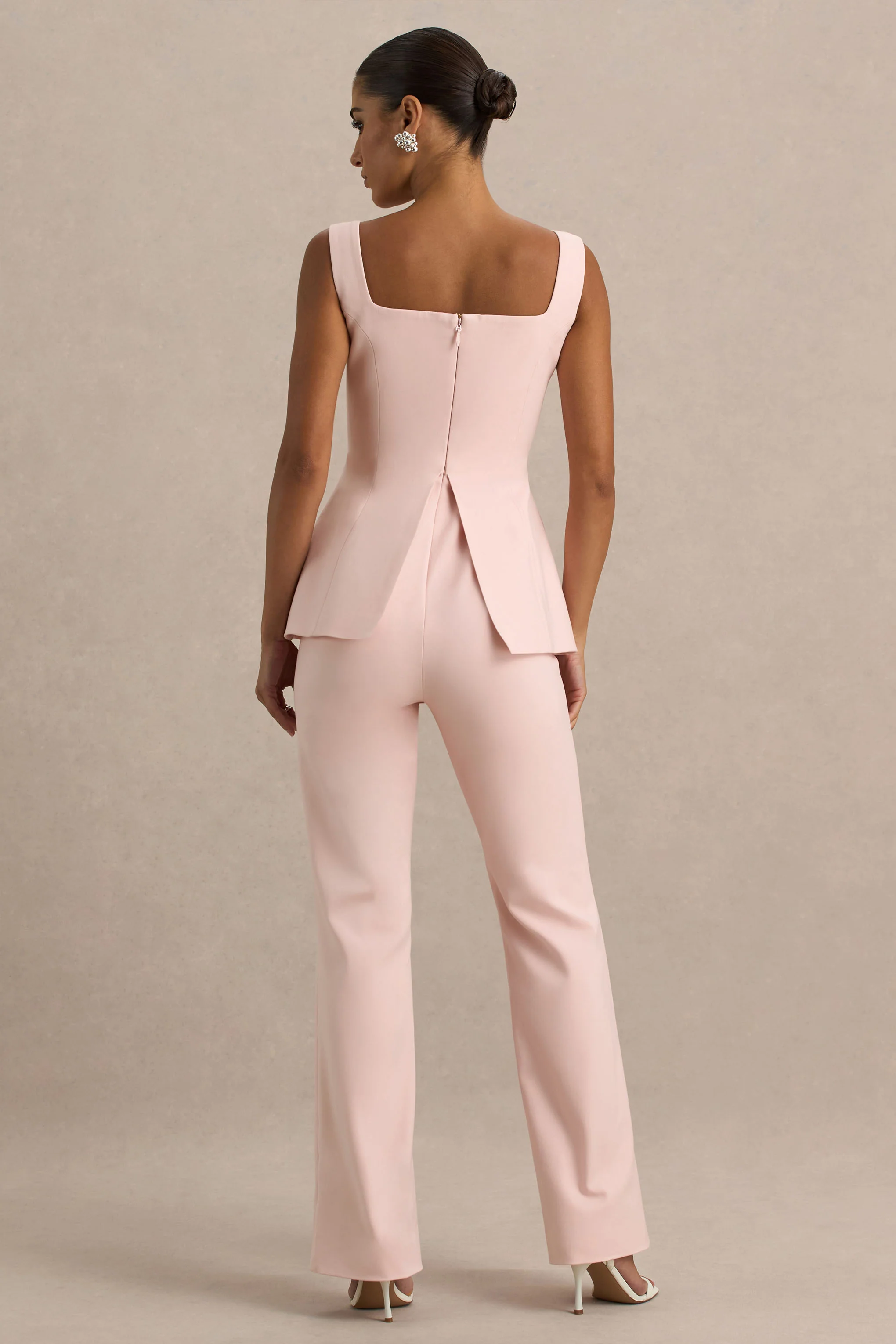 Aceline | Baby Pink Square-Neck Tailored Jumpsuit