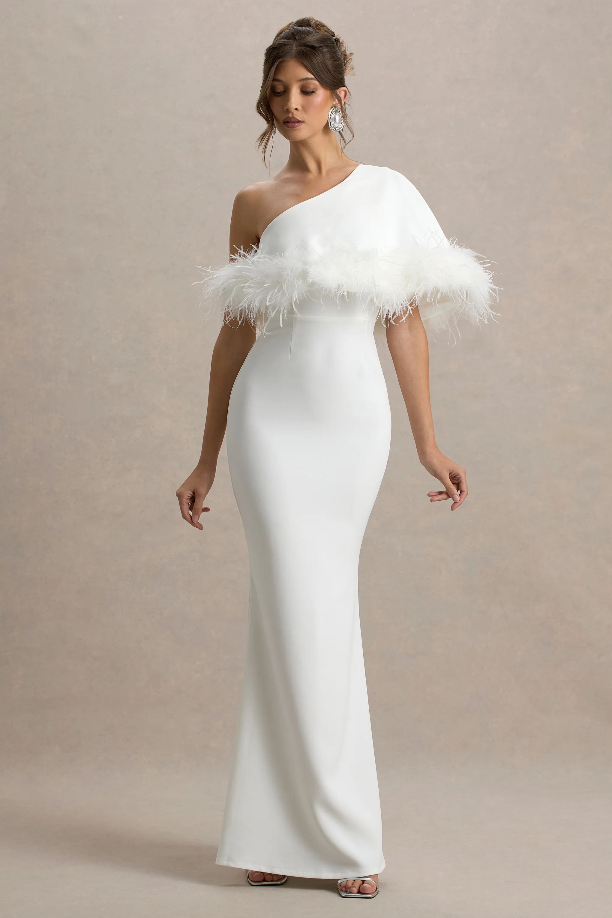 Valor | White Asymmetric Maxi Dress With Feather Trim