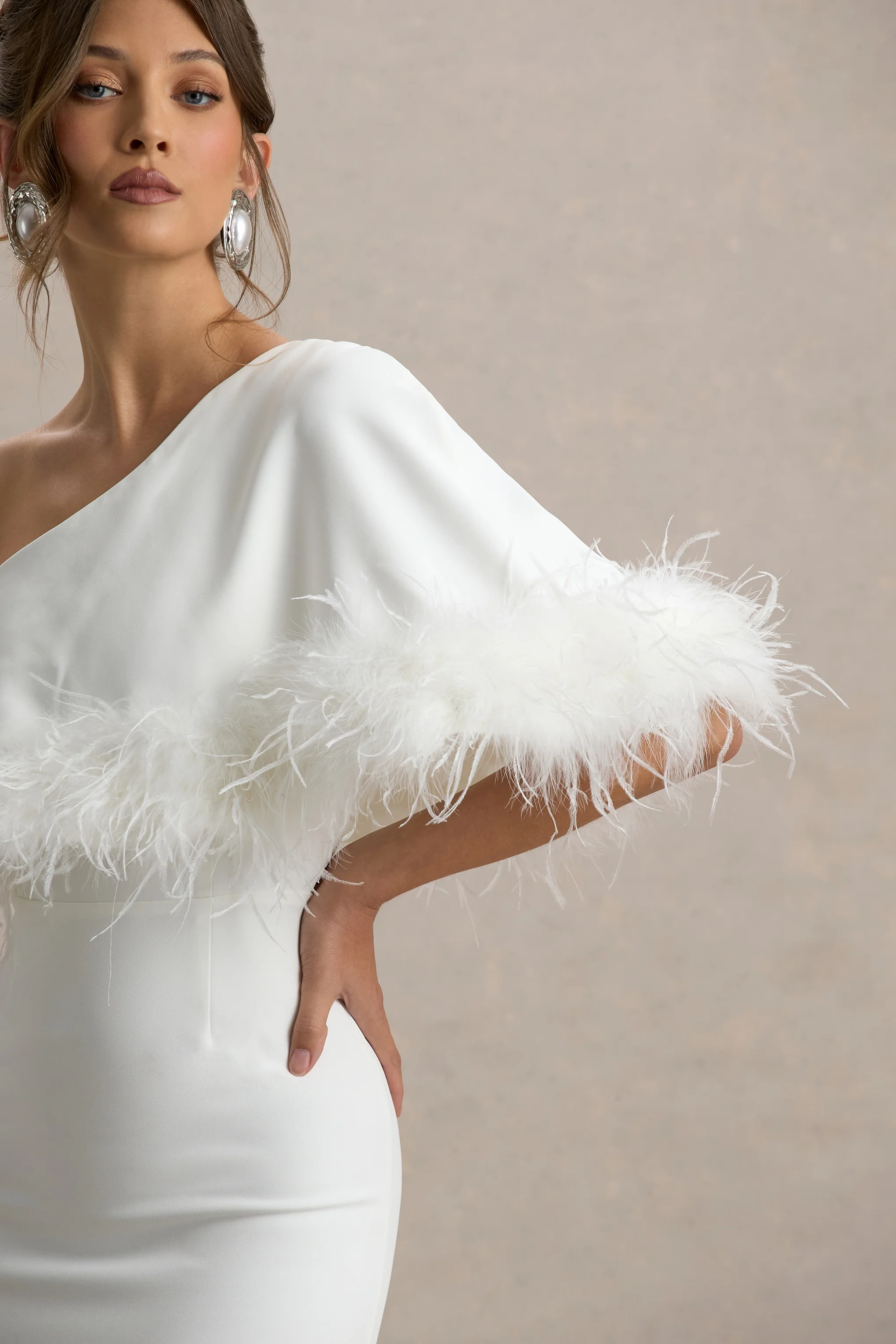 Valor | White Asymmetric Maxi Dress With Feather Trim